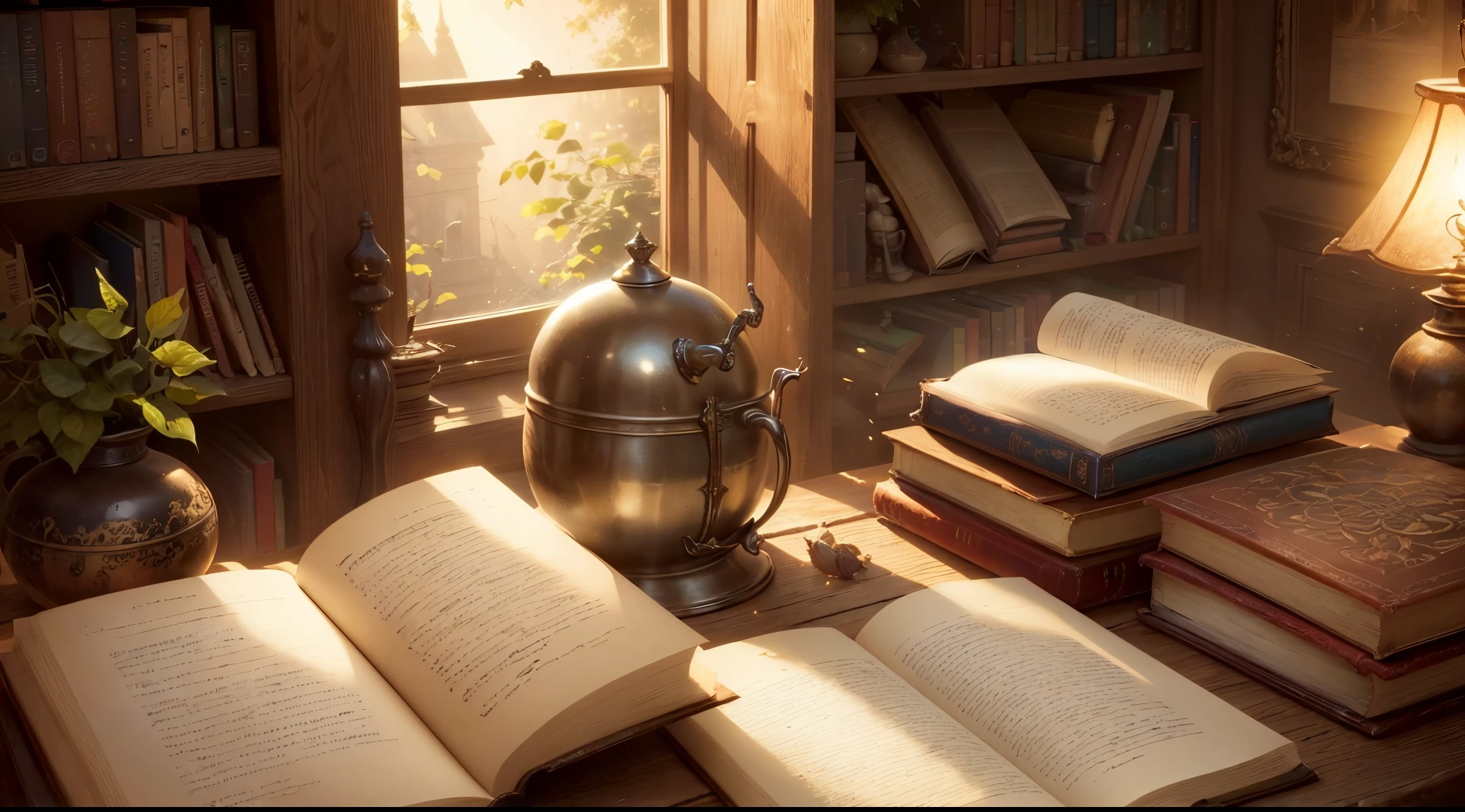 (best quality,4k,8k,highres,masterpiece:1.2),ultra-detailed,(realistic,photorealistic,photo-realistic:1.37),man in old library, vintage books, large open book in front, cozy lighting, dusty atmosphere, ancient wooden shelves, handwritten notes, leather-bound volumes, mysterious ambiance, low key lighting, soft warm tones, warm sunlight streaming through the windows, intricate patterns on the book covers, aged parchment pages, wisps of dust floating in the air, magical aura, quiet contemplation, serene and peaceful environment, golden hour lighting