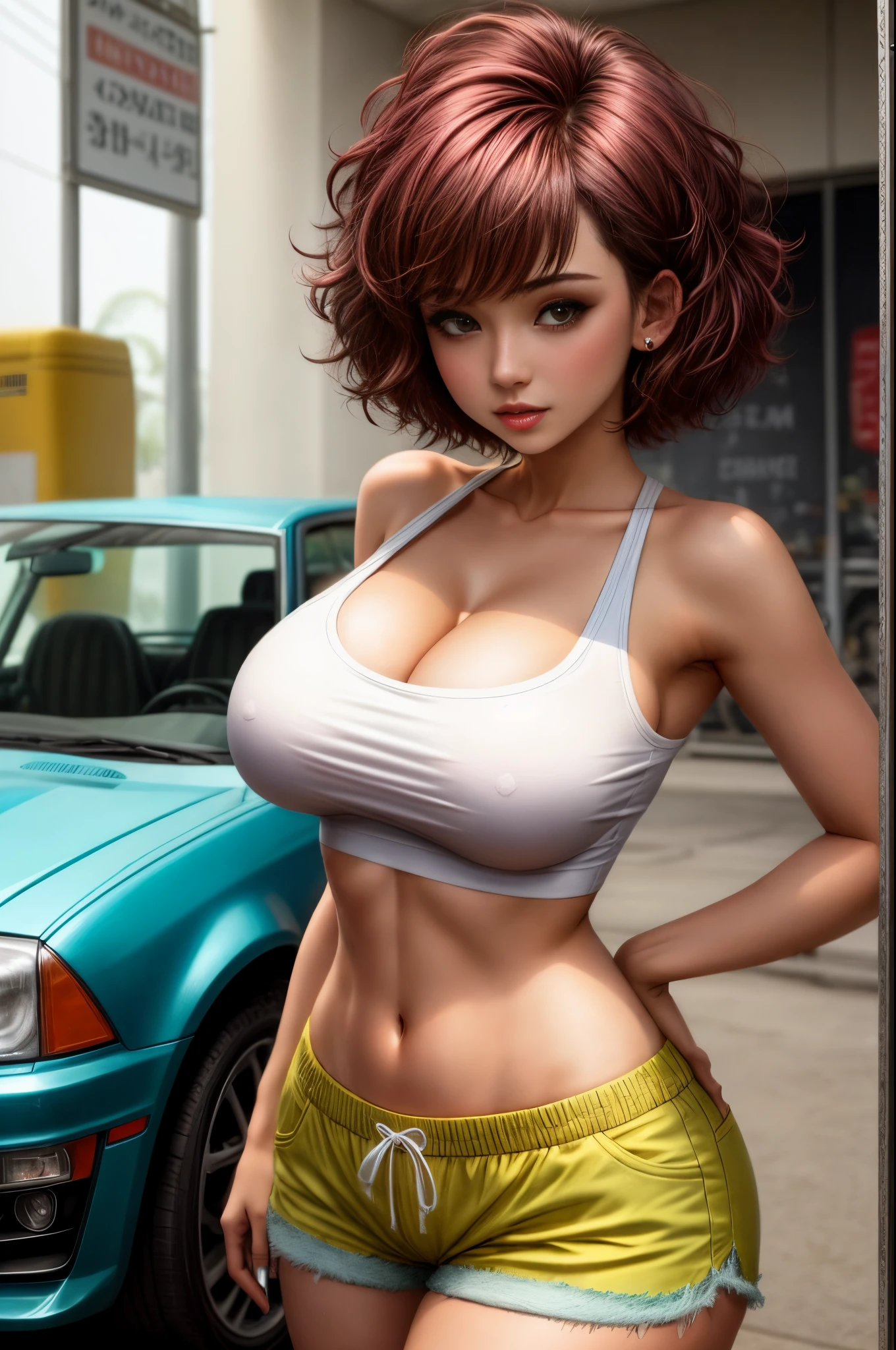 huge breasts, sexy shorts, gorgeous women, cropped dirty white t-shirt, midriff, underboob, pretty face, short hair, full body shor, workshop, mechanic, karen haircut