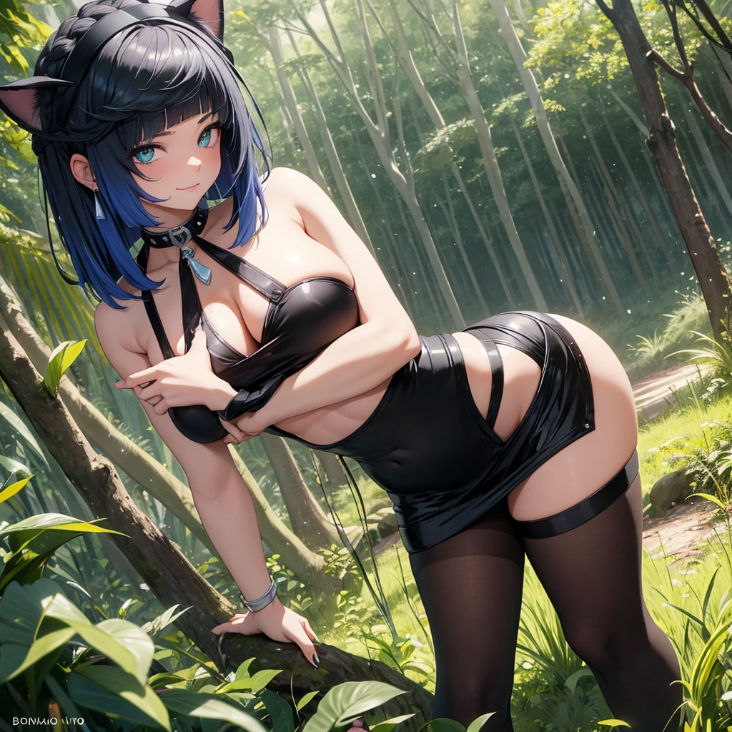 beautiful young woman wearing tight skirt with cat ears on her head, com rosto bem detalhado e bonito, belos olhos, belos olhos, rosto lindo, beautiful young woman wearing black tights, sueter apertado branco, short pantyhose, Standing in a forest, usando salto alto, cabelo curto preto, morena,orelhas de gato, belo sorriso, tomboy, morena, um pouco musculosa usando sai apertada preta