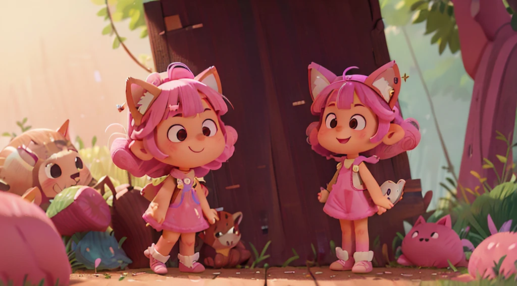 fakeanimalears, light smile, Ear ring, square, with pink hair, By bangs, curlies, Side braids, The halo, beret, Animal ear, Cat ears, hyper realisitc, shadowing, anaglyph, stereograms, Standing painting, Perspectives, atmospurate, 8K, super detailing, acurate, Best quality at best