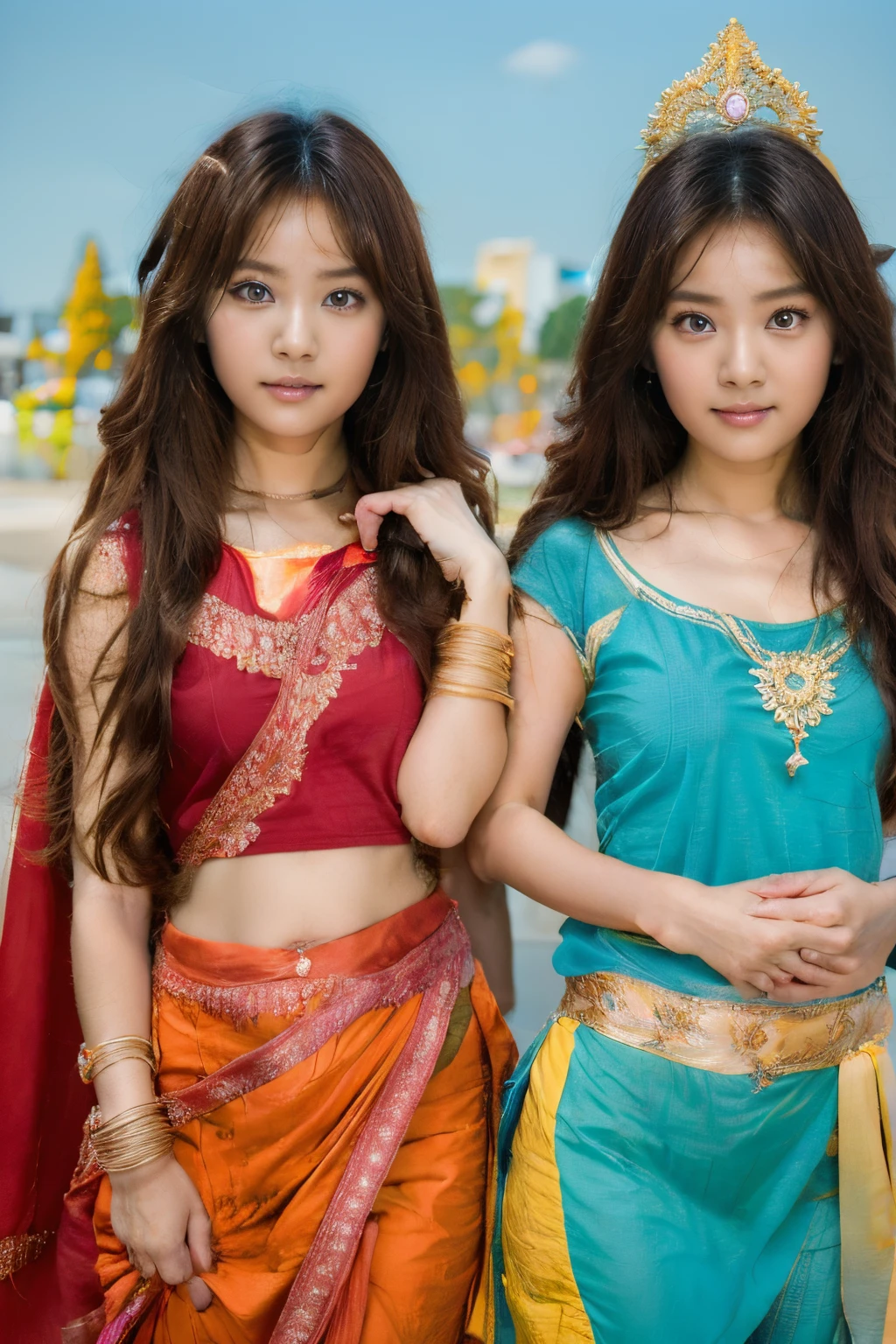 two girls anime who are a devotee of krishna,The proportions are the same for all races, All faces and pictures must be different, ulzzang -6500-v1.1, (Raw photo:1.2), (Photorealsitic), Beautiful detailed, (Real: 1.4), extremely detailed eye and face, beatiful detailed eyes,