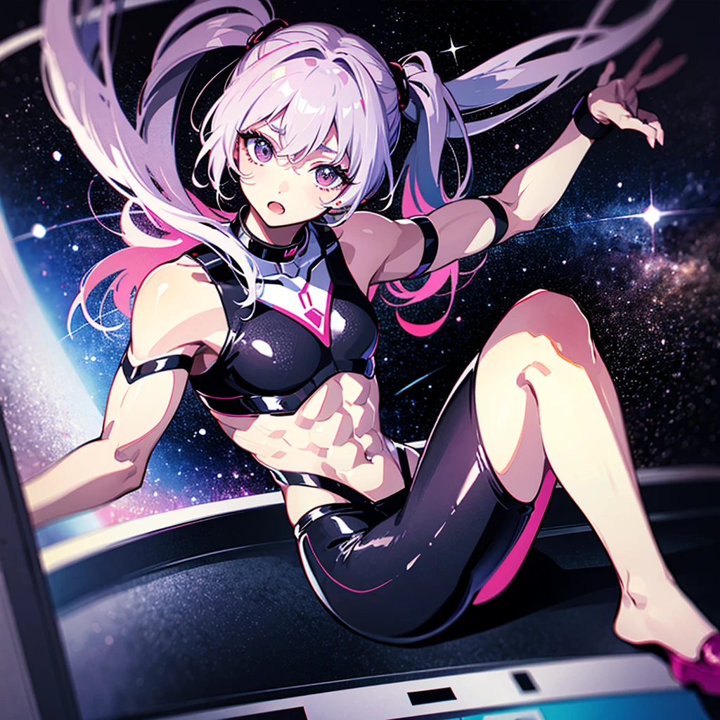 (((masterpiece)))、(((Top image quality)))、(((top-quality)))、((Illustration of one adult))、full bodyesbian、((25-years old))、((25-years old))、(((The face is a woman、The body is a man)))、(((Twintails with pink hair)))、Light gray eyes、((Tall))、((Flat))、(small tits)、((Muscular strong man's body))、((Muscular strong man's body))、((muscular chest plate))、abdominals、((muscular and thick arms))、((muscular and thick legs))、((manspreading))、(((White pilot suit)))、((Sitting in the cockpit))、(The Universe on the Monitor、Earth seen from space、Spaceport)