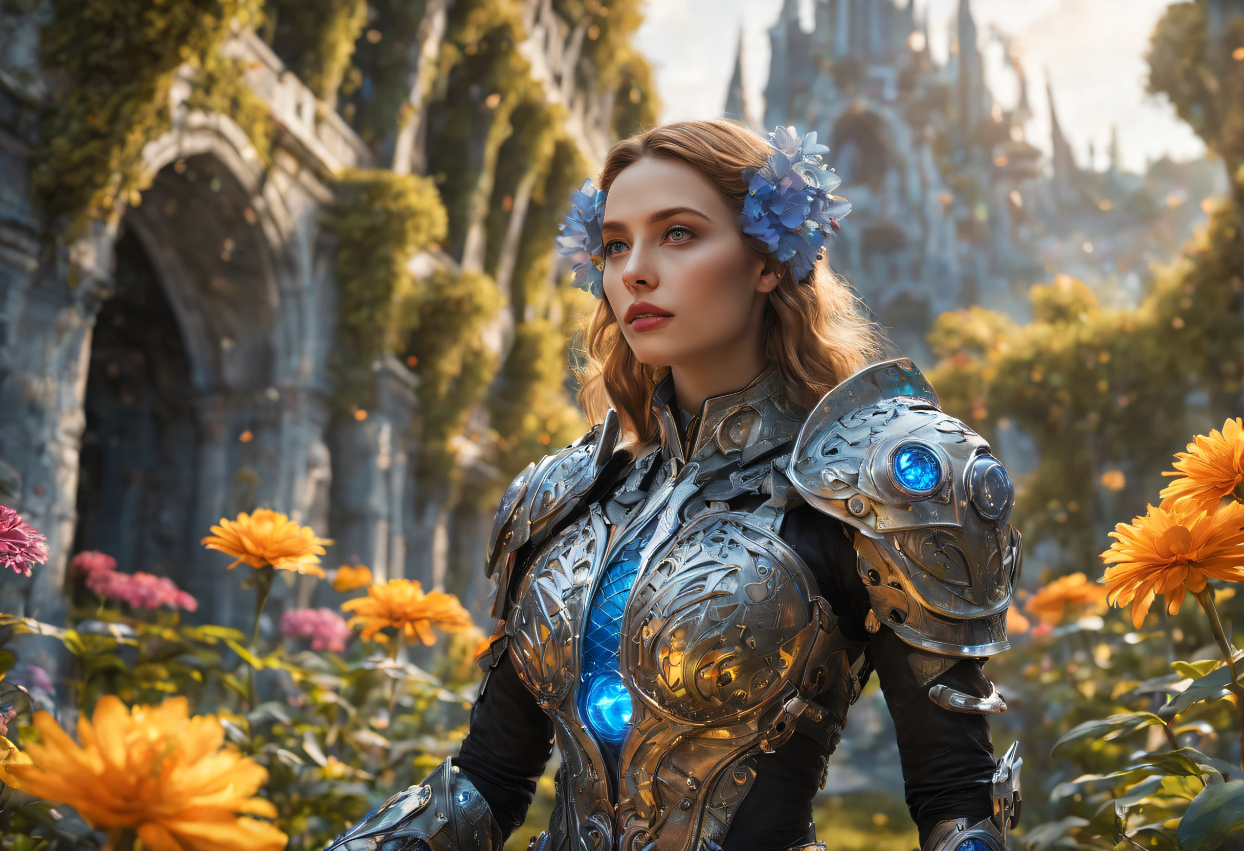 A maiden in a futuristic medieval armor, standing in a garden filled with vibrant flowers and towering metallic structures, surrounded by floating holographic orbs. The armor is intricately detailed, with shining metallic accents and glowing energy lines. Her eyes are intense and glowing with a cool blue color, giving her a determined and focused expression. The garden is lush and abundant, with a mix of organic foliage and futuristic biomechanical plants. The metallic structures exhibit a combination of Gothic and futuristic architecture, with intricate carvings and glowing symbols. The floating holographic orbs emit soft, iridescent lights that cast colorful reflections on the surrounding environment. The whole scene is bathed in a warm, golden light, giving it a magical and ethereal atmosphere. The artwork is of the best quality, with ultra-detailed and photorealistic rendering, capturing every fine detail and texture. The colors are vibrant and vivid, creating a lively and captivating visual experience. The lighting is expertly crafted, with a perfect balance between highlights and shadows, enhancing the depth and three-dimensionality of the scene.