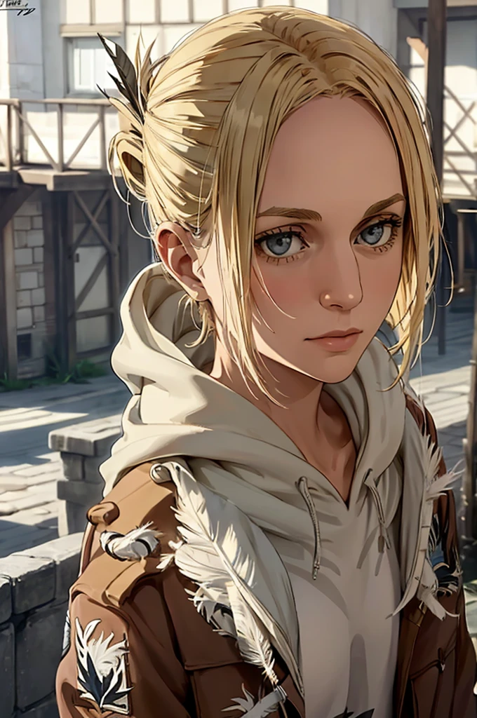 (bestquality,masterpiece), AnnieAOT, solo, hood, hoodie, paradiilitary_uniform, jacket, uniform, emblem, feathers