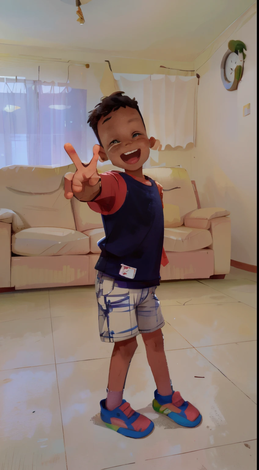 here is a young boy standing in a living room a peace sign, , 4yr old, four years old, waving at the camera, 5 years old akwaaba tommy ), he is dancing, in an action pose, a still of a happy, full pose, waving and smiling, riyahd cassiem, young boy