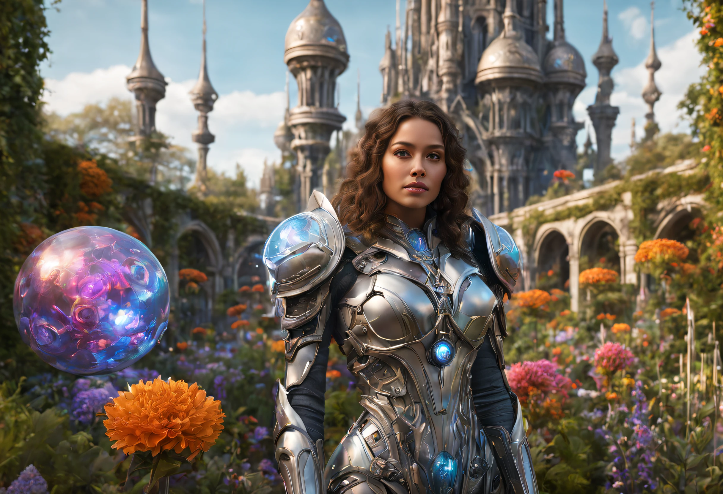 A maiden in a futuristic medieval armor, standing in a garden filled with vibrant flowers and towering metallic structures, surrounded by floating holographic orbs. The armor is intricately detailed, with shining metallic accents and glowing energy lines. Her eyes are intense and glowing with a cool blue color, giving her a determined and focused expression. The garden is lush and abundant, with a mix of organic foliage and futuristic biomechanical plants. The metallic structures exhibit a combination of Gothic and futuristic architecture, with intricate carvings and glowing symbols. The floating holographic orbs emit soft, iridescent lights that cast colorful reflections on the surrounding environment. The whole scene is bathed in a warm, golden light, giving it a magical and ethereal atmosphere. The artwork is of the best quality, with ultra-detailed and photorealistic rendering, capturing every fine detail and texture. The colors are vibrant and vivid, creating a lively and captivating visual experience. The lighting is expertly crafted, with a perfect balance between highlights and shadows, enhancing the depth and three-dimensionality of the scene.
