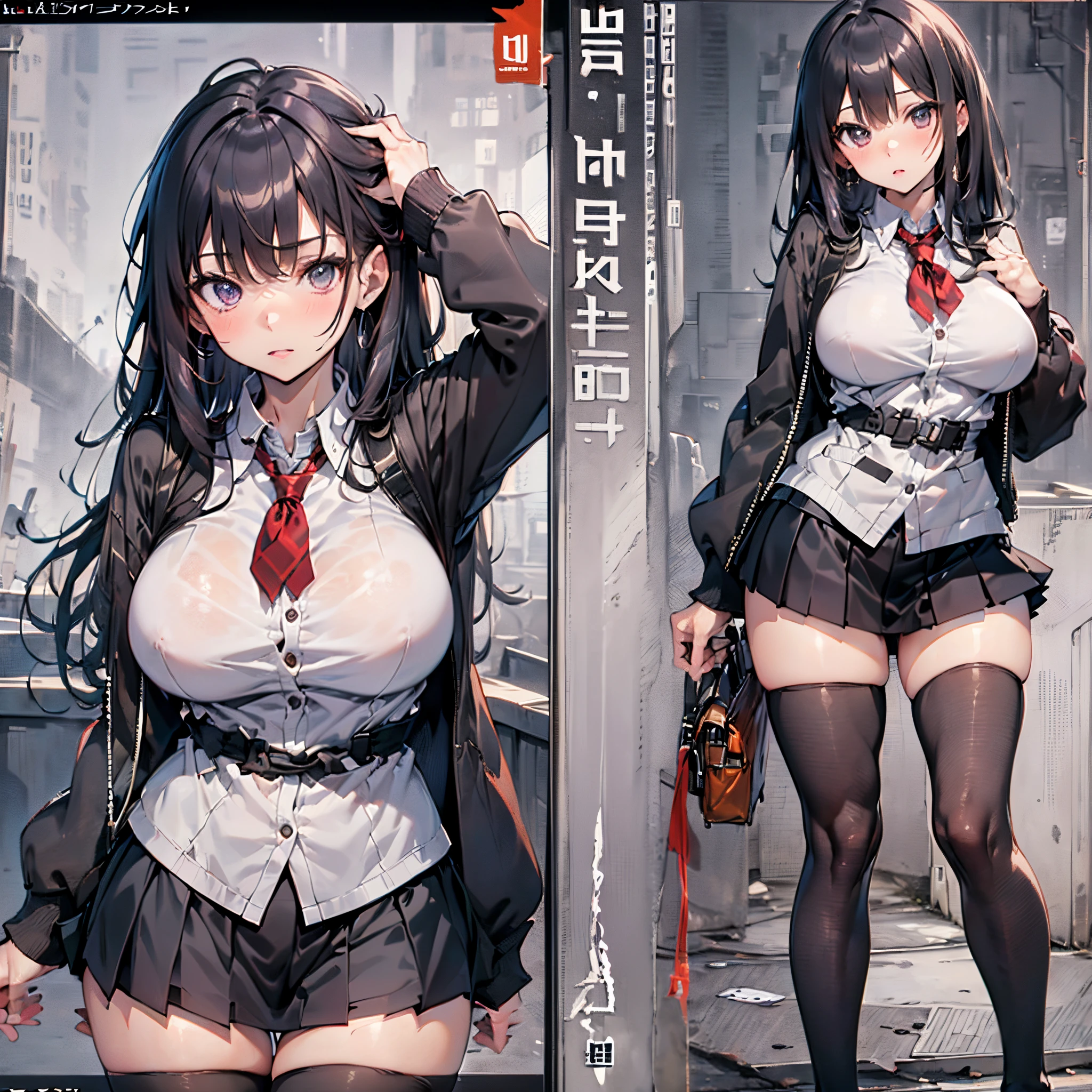 (1 anime girl standing:1.3), (solo:2.0), (huge perky breasts:2.0), (thin waist:1.3), (thin long legs:1.5), (black thighhighs:1.3), (very short miniskirt:1.8), nose blush, embarrassed, (school uniform:1.5), cardigan, (excessive pussy juice cascade down between legs:1.5), (orgasm:1.3), (nsfw:1.3), masterpiece