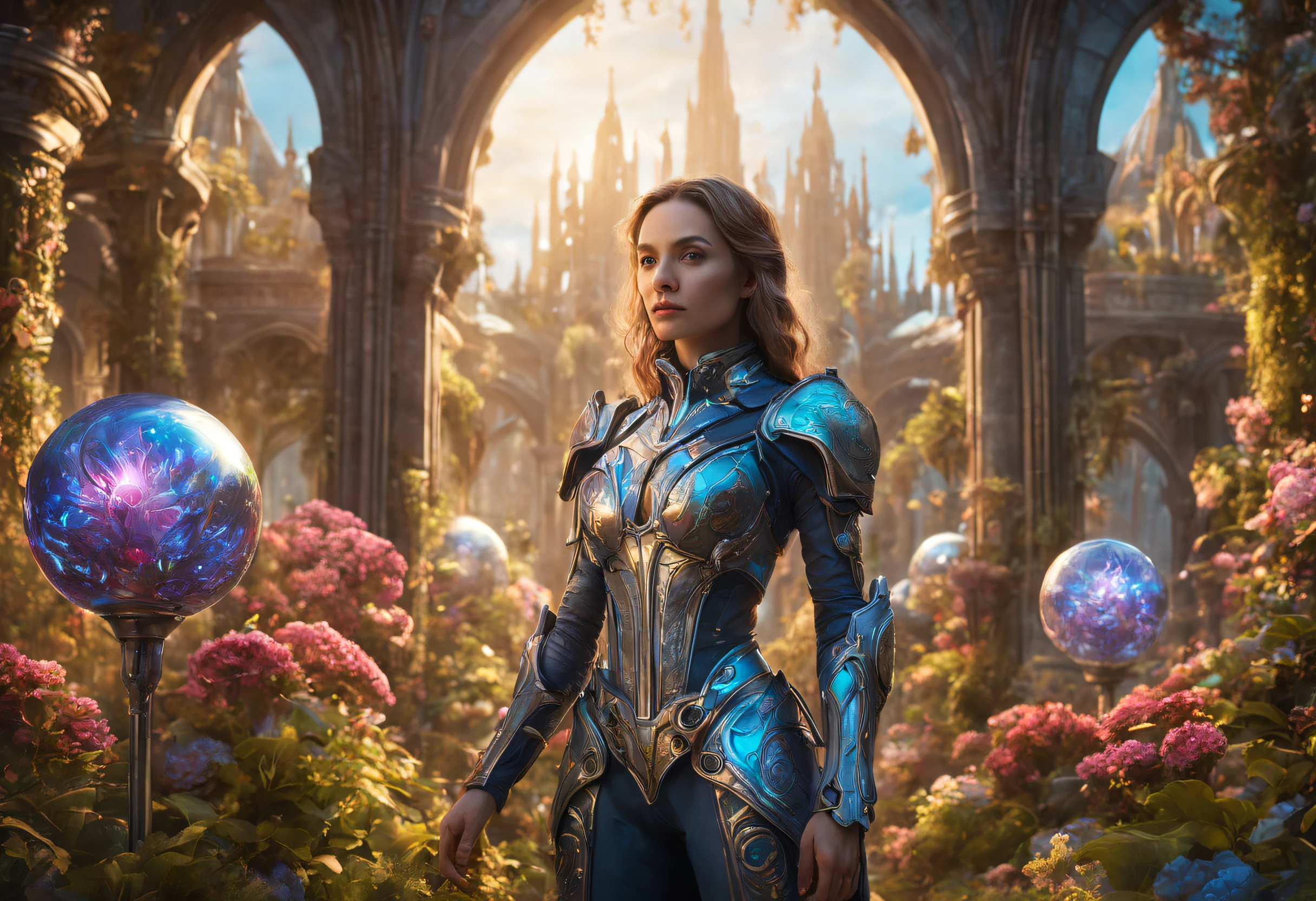 A maiden in a futuristic medieval armor, standing in a garden filled with vibrant flowers and towering metallic structures, surrounded by floating holographic orbs. The armor is intricately detailed, with shining metallic accents and glowing energy lines. Her eyes are intense and glowing with a cool blue color, giving her a determined and focused expression. The garden is lush and abundant, with a mix of organic foliage and futuristic biomechanical plants. The metallic structures exhibit a combination of Gothic and futuristic architecture, with intricate carvings and glowing symbols. The floating holographic orbs emit soft, iridescent lights that cast colorful reflections on the surrounding environment. The whole scene is bathed in a warm, golden light, giving it a magical and ethereal atmosphere. The artwork is of the best quality, with ultra-detailed and photorealistic rendering, capturing every fine detail and texture. The colors are vibrant and vivid, creating a lively and captivating visual experience. The lighting is expertly crafted, with a perfect balance between highlights and shadows, enhancing the depth and three-dimensionality of the scene.