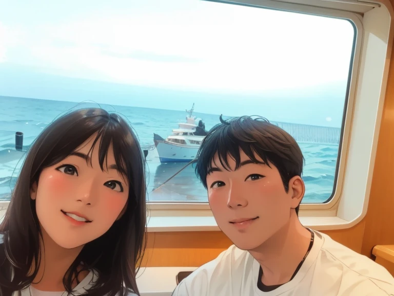 There are two people sitting together on a boat and looking out the window, on the sea, on boat, photograph taken in 2 0 2 0, ayami kojima、by Yoshitaka Amano, vacation photo, at sea, ocean in background, On a yacht at sea, taken in the early 2020s