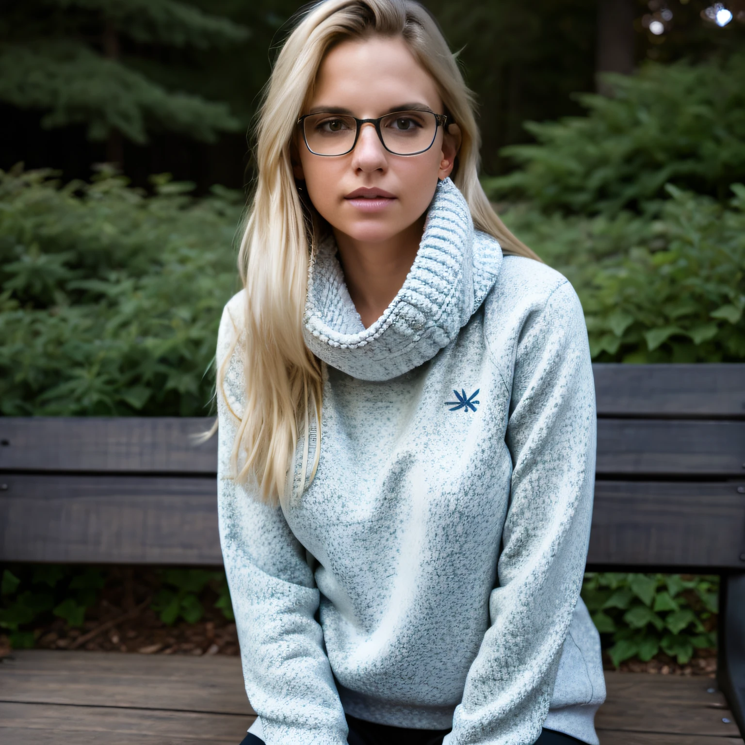 clean background, full figure, (4k photo:1.1) by (Jeremy Lipking:0.3), (Dittmann Anna:0.3), (Arian Mark:0.3), (Sharp focus:1.1), high detail, wearing (winter sweatshirt:1.2), beautiful detailed face, (attractive young woman:1.1), (blushing:1.1), sitting on a bench, wearing glasses