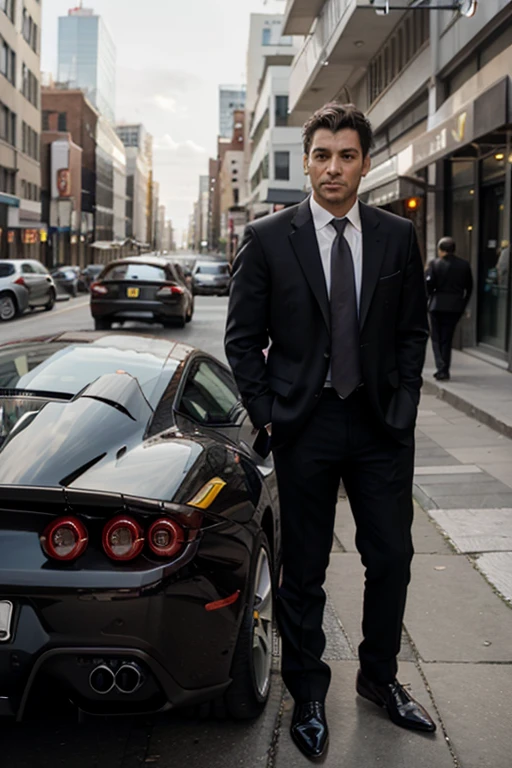 businessman in the city with a Ferrari