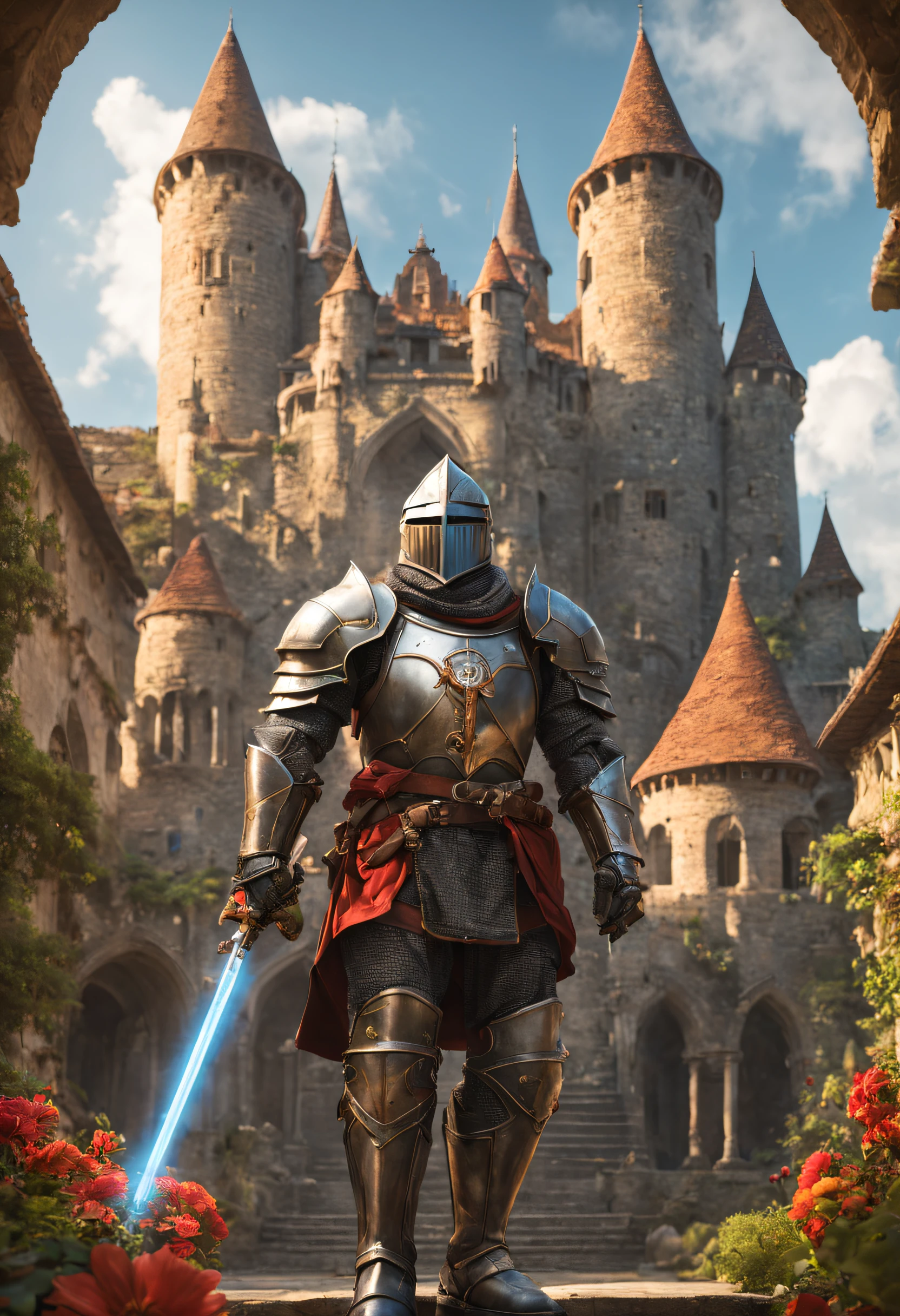 A knight in futuristic armor holding a laser sword, standing in a medieval castle courtyard, surrounded by mechanical dragons and flying ships. The knight has a glowing visor and detailed armor with intricate engravings. The castle is made of stone and has high towers and stained glass windows. The courtyard is filled with lush greenery and colorful flowers. The sky is illuminated with a mix of vibrant colors and a glowing sun. The atmosphere is filled with a touch of mysticism and magic. The overall image is of the best quality, with sharp focus and ultra-detailed. The style is a fusion of medieval and sci-fi elements, creating a unique blend of historical and futuristic aesthetics. The color palette is rich and vibrant, with a mix of deep blues, fiery reds, and shimmering metallic tones. The lighting is dramatic, casting shadows and highlighting the knight's armor and the castle's architectural details.