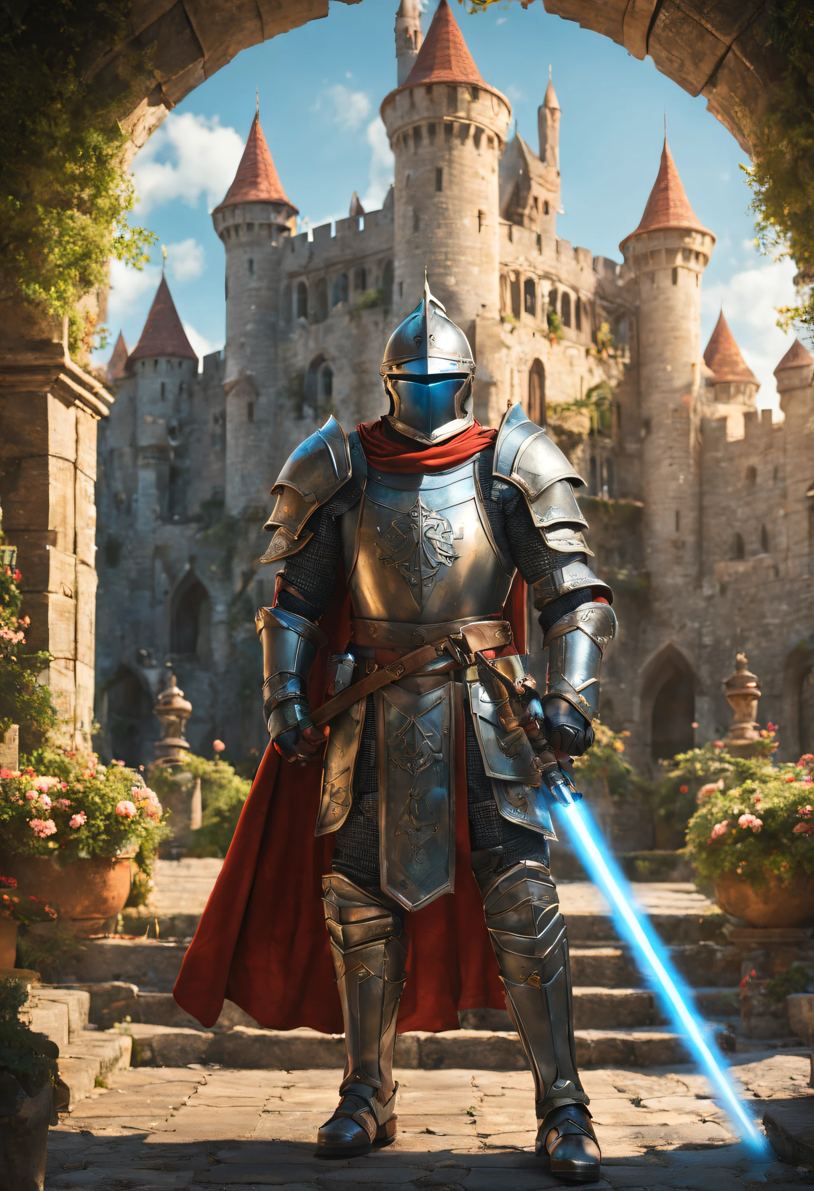 A knight in futuristic armor holding a laser sword, standing in a medieval castle courtyard, surrounded by mechanical dragons and flying ships. The knight has a glowing visor and detailed armor with intricate engravings. The castle is made of stone and has high towers and stained glass windows. The courtyard is filled with lush greenery and colorful flowers. The sky is illuminated with a mix of vibrant colors and a glowing sun. The atmosphere is filled with a touch of mysticism and magic. The overall image is of the best quality, with sharp focus and ultra-detailed. The style is a fusion of medieval and sci-fi elements, creating a unique blend of historical and futuristic aesthetics. The color palette is rich and vibrant, with a mix of deep blues, fiery reds, and shimmering metallic tones. The lighting is dramatic, casting shadows and highlighting the knight's armor and the castle's architectural details.