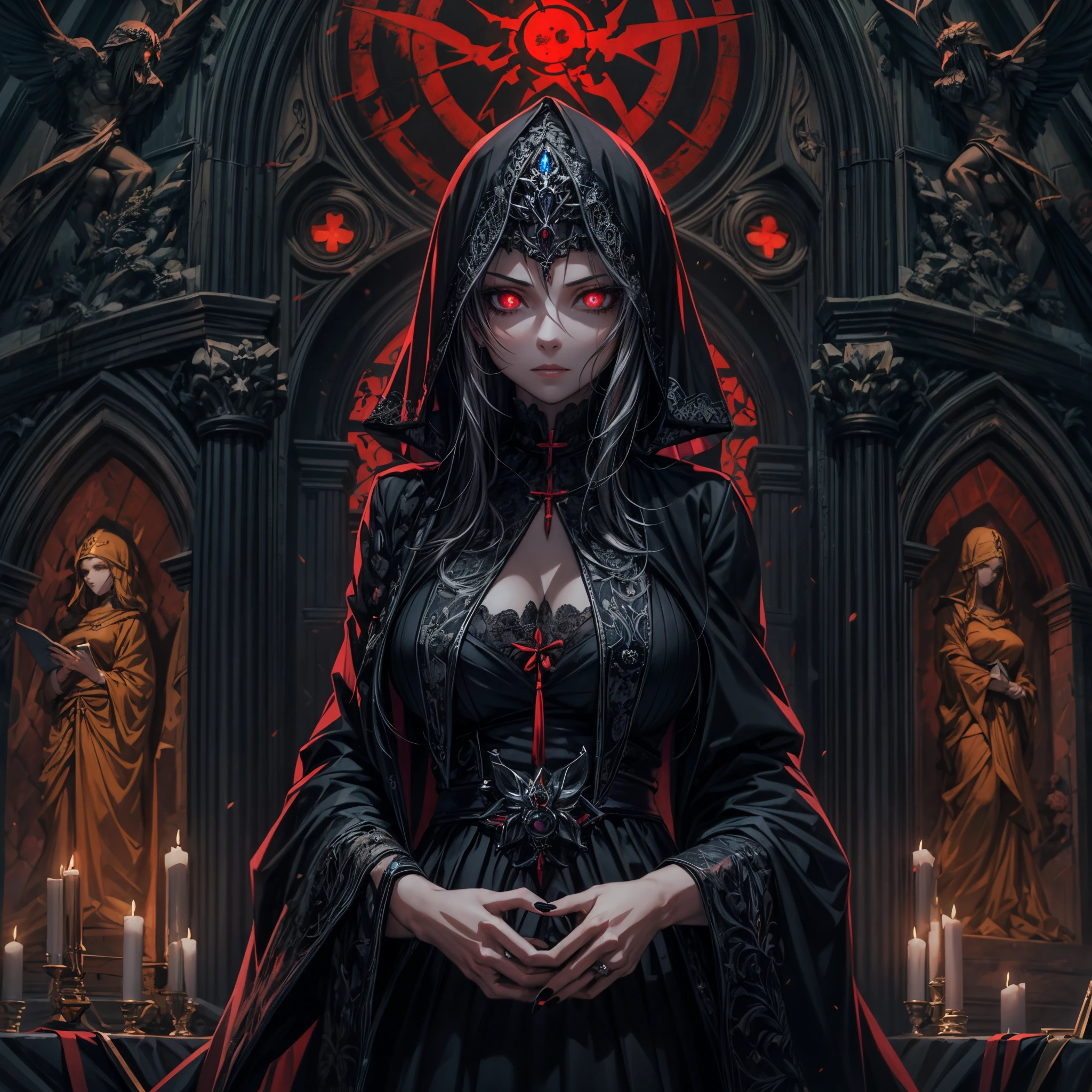 A witch woman wearing a flowing black robe, standing inside a glowing pentagram circle drawn with candles. She is accompanied by a menacing demon with red glowing eyes, both chanting incantations to evoke dark and sinister spirits from the shadows. The scene is illuminated by flickering candlelight, casting eerie shadows on the aged stone walls of the ancient chamber.