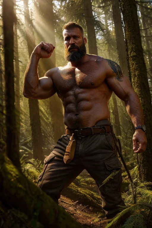 (realistic, high-res),male,brown hair,50 years old,beard, hairy, lumberjacks, pumped chest, full body, cargo pants, intense expression, dramatic lighting, masculine features, forest, nature, sunlight filtering through the trees, shadows, dynamic composition, raw and gritty, authenticity, rugged beauty, atmospheric, textured, compelling, captivating, evocative, cinematic, intense energy, sun-kissed, expressive, immersive, powerful presence, axe