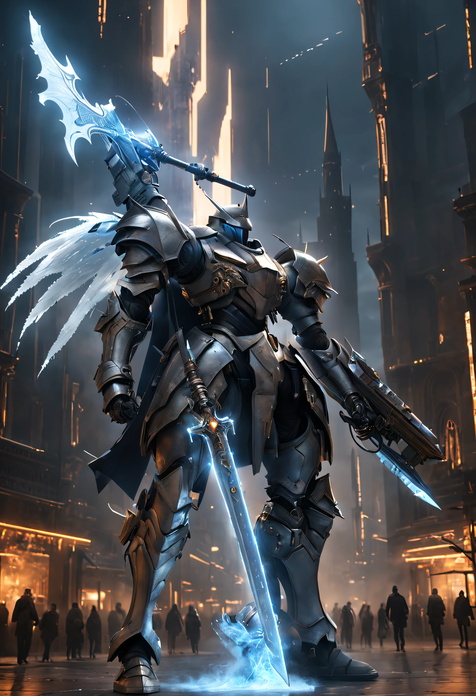 TangMPl44T3chXL, ((Shoot from a distance,Full body photo)),(Knight wearing European medieval heavy armor),(The armor incorporates futuristic sci-fi elements),(glowing wires、High-tech textures and smart sensors),((Knight holding medieval style battle ax)),((The Tomahawk also incorporates future technology elements,Energy Light Blade,energy shields,The battle ax exudes a faint glow of energy)),((Riding a mighty war horse)),((The war horse equipment also incorporates futuristic science fiction elements..,War horses have glowing saddles、Smart sensing devices and energy shields)),Showing the combination of future technology and medieval knight culture。(The background is a medieval-style city and airplane built with futuristic technology, towering skyscrapers, flying cars, and suspended cities)。light and shadow effect,Raycasting,Subtle shadows and highlights on the knight's armor and weapons,Create light and shadow effects of future technology。Glowing sword, Luminous earrings, Glowing butterfly, Luminous Particle