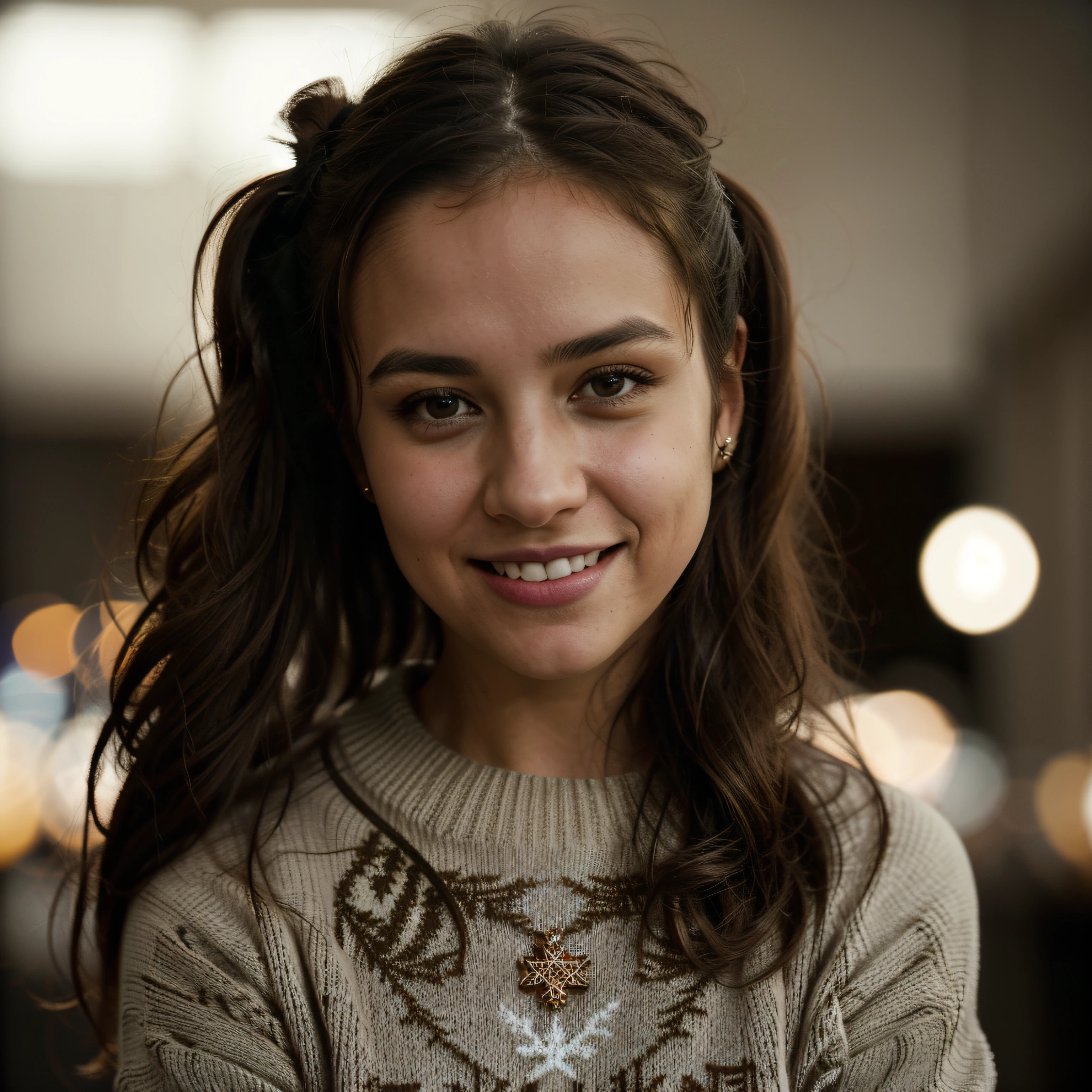 Portrait photo of a girl, (laughing:0.7), posing, look at a camera, dark brunette hair, ponytails, brown eyes, complex christmas home background, backlit, (cinematic:1.5), epic realistic, hyperdetailed, insane details, intricate details, accent lighting, soft volumetric light, bokeh, (dramatic light:1.2), cross process, (women sweater), dynamic angle, (flirting with camera: 0.7), middle boobs