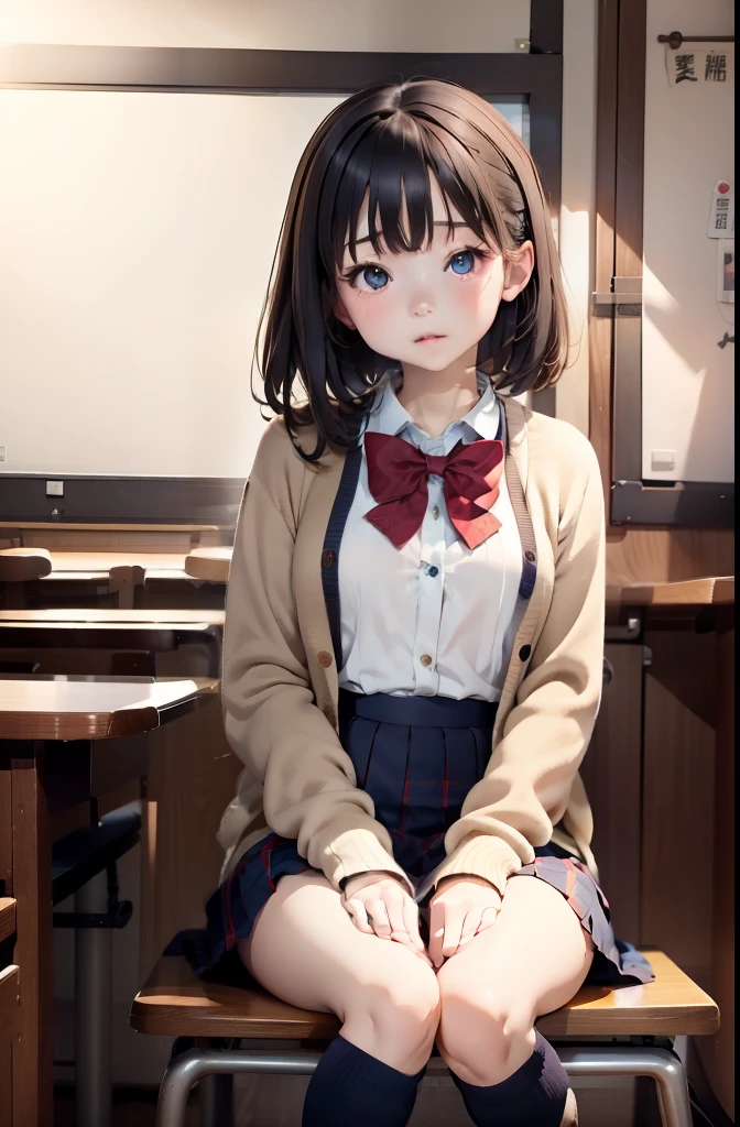 navy long sleeve cardigan:1.5、One Person、Japanese high school girl、独奏、a baby face、small tits:1.5、Phetcha Pai、a short bob、Red plaid skirt、Plaid、Black knee socks、navy long sleeve cardigan:1.5、Red pleated skirt、a bow tie、Sitting on a chair、a short bob、Navy Cardigan、Realistic scale、raw、top-quality、masuter piece、parfect anatomy、Correct human body、school classrooms、Classroom lined with desks、chalk board、Professional Photographer