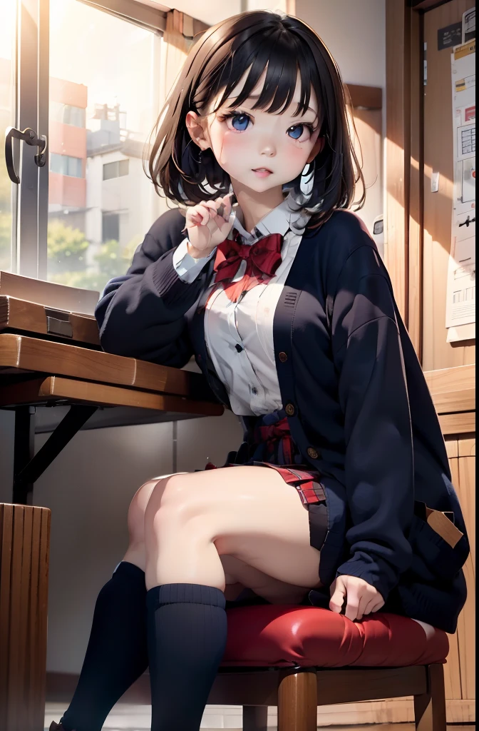 navy long sleeve cardigan:1.5、One Person、Japanese high school  girl、独奏、a baby face、small tits:1.5、Phetcha Pai、a short bob、Red plaid skirt、Plaid、Black knee socks、navy long sleeve cardigan:1.5、Red pleated skirt、a bow tie、Sitting on a chair、a short bob、Navy Cardigan、Realistic scale、raw、top-quality、masuter piece、parfect anatomy、Correct human body、school classrooms、Classroom lined with desks、chalk board、Professional Photographer