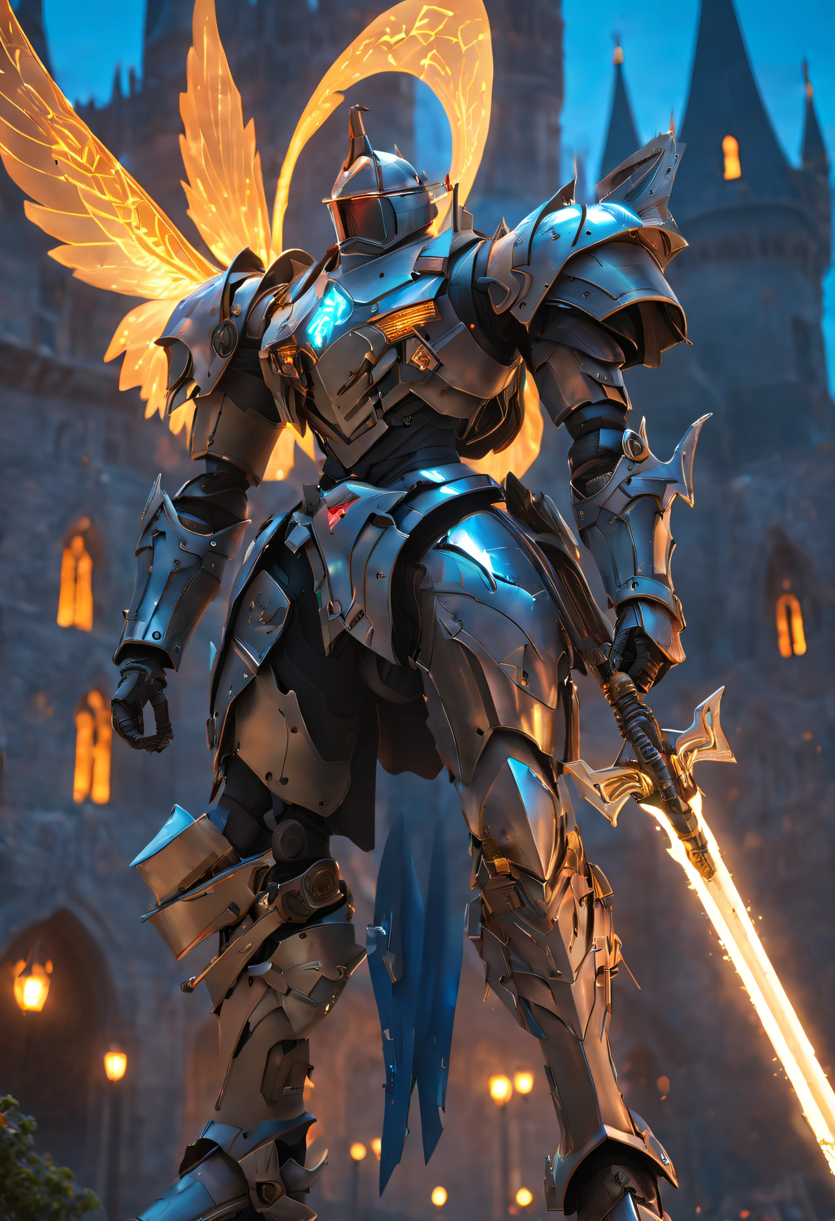 TangMPl44T3chXL, ((Shoot from a distance,Full body photo)),(Knight wearing European medieval heavy armor),(The armor incorporates futuristic sci-fi elements),(glowing wires、High-tech textures and smart sensors),((Knight holding medieval style battle ax)),((The Tomahawk also incorporates future technology elements,Energy Light Blade,energy shields,The battle ax exudes a faint glow of energy)),((Riding a mighty war horse)),((The war horse equipment also incorporates futuristic science fiction elements..,War horses have glowing saddles、Smart sensing devices and energy shields)),Showing the combination of future technology and medieval knight culture, (In the background is the courtyard of a medieval castle, Future tech city and airplane,Towering skyscraper sleeping car,Pause the city)。light and shadow effect,Raycasting,Subtle shadows and highlights on the knight's armor and weapons,Create light and shadow effects of future technology。Glowing sword, Luminous earrings, Glowing butterfly, Luminous Particle