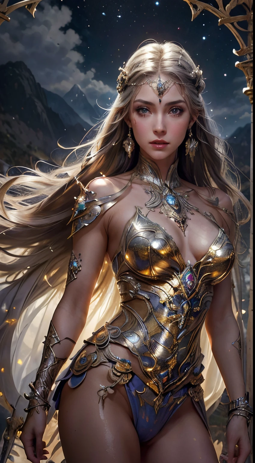 Front view, (Obra maestra), La mejor calidad, ojos expresivos, Cara perfecta, Mujer guerrera, Espada en mano izquierda, semidesnudo, pulsera de acero, pulsera de plata, bronze belt, senos expuestos, hermosa vagina, vagina with small soft hairs , mujer con el pelo muy largo movido por el viento, Luz nocturna, cielo nublado, dark clouds with lightning, mountains, Castle embedded in the mountain rock, cascada que sale del castillo, hermosa diosa guerrera, fantasy, diente, piel mojada por el sudor, cara sonrojada y jadeante, mirada provocativa, pose sexy, cuerpo femenino completo, tatuajes de mandala oriental, vestidos transparentes, piel mojada con agua, cielo tormentoso, nubes de tormenta rojas, Reloj antiguo flotante, cascada, lamplight, linterna, Sin bragas , tatuajes de mandalas y flores en el cuerpo desnudo, majestuoso, sense of depth, ojos expresivos, Cara perfecta, 8k, (hembra: 1.5), Elegante y flexible (athletic build: 1.5), ojos esmeraldibrante: 1.5), Brown-haired (Vibrante: 1.5), UHD, HDR, cinematographic image, Detalles intrincados, Ultra-Realismo, Tonos viridianos, dystopian palace, Luxurious atmosphere, Ultra detallado, Imagen impresionante, IMAX, Kinematic, award-winning cinematography, complejo, baja apertura (F1. 2), dramatic. luci, film-like composition, profesional, erotismo, medieval castle embedded in the mountain, cielo nocturno, luna llena, 1 girl, 18 years old, (piernas abiertas), labios rosados, bien iluminado, bonita y estetica: 1,2), ( 1 girl), extremadamente detallado, (Arte fractal: 1.3), De color, More Detailed, Hermosa diosa, Caucasian girl with shiny silver hair, cuerpo femenino completo, colores en tonos viridianos, Metallic colors, colores de esmalte, Pelo largo y blanco, Artistic style, sakimichan art style, NSFW, corre y esquiva, Pose de lucha, hermosa mujer guerrera en combate, Front view, girl seen from the war front, mujer desnuda, fighting expression, sonrisa malvada, boca abierta, Cuerpo delicado y perfecto , Pintura digital, De color, pintura a tinta, Hermosa acuarela, Rea, vivid colors, por Pino Daeni, Frank Frazetta, Arte de estilo WLOP,
