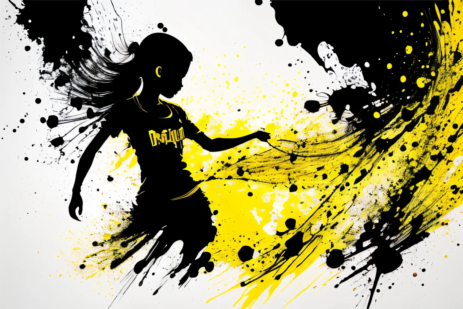 water paint art, ink drop, many color ink drop, yellow ink drop, black ink drop, high detailed line art, dancing, girl, super deformed, black t shirt, plain t shirt, high detailed body, amazingly fine detail, highest quality, high detailed finger, big file size, high detailed, masterpiece,