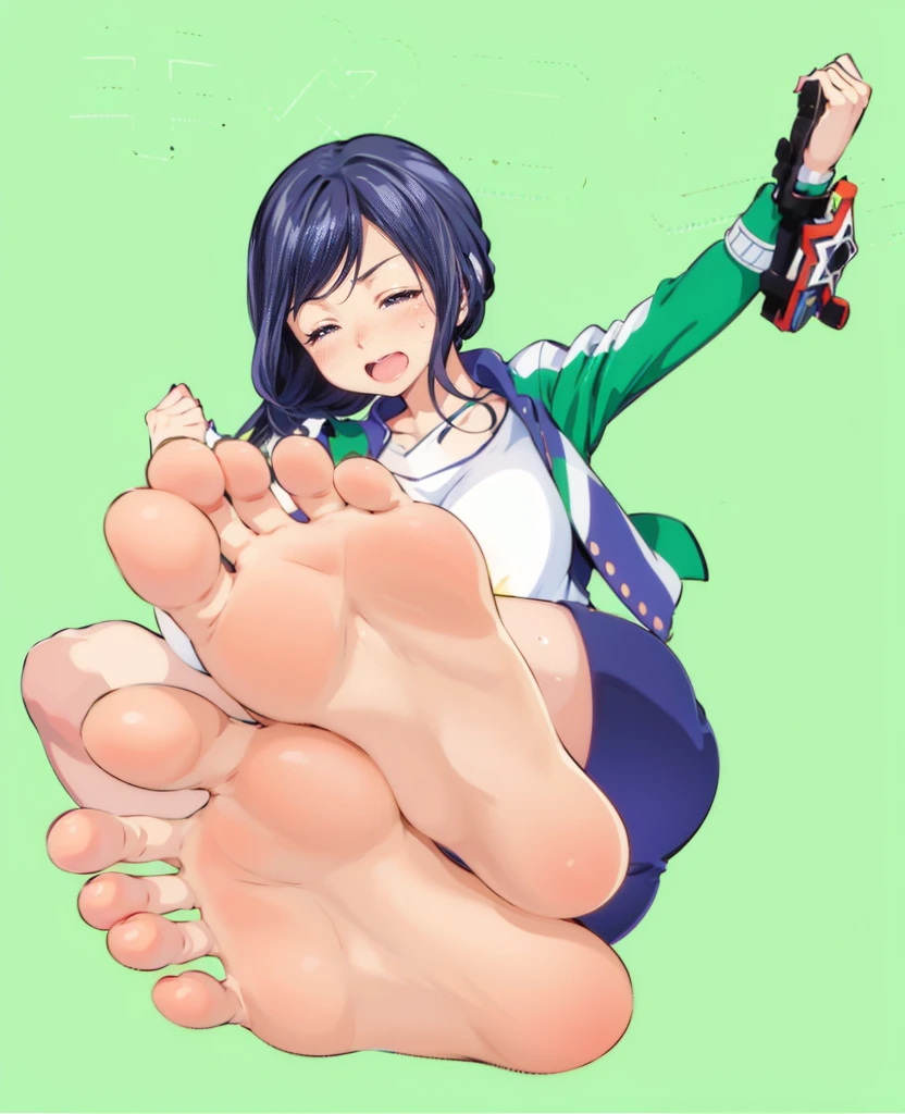 giantess art, detailed foot pov, Foot Art POV, soft anime illustration, big legs, anime highly detailed, mid view from below her feet, digital anime illustration, The art of the foot, high soles, digital anime art!!, feet posing, SFW version, digital manga art, sole of feet, Close-up of the sole of the foot, Sentai Heroine, Uchu Sentai Kyuranger, chameleon green, Smelly, Sweaty feet