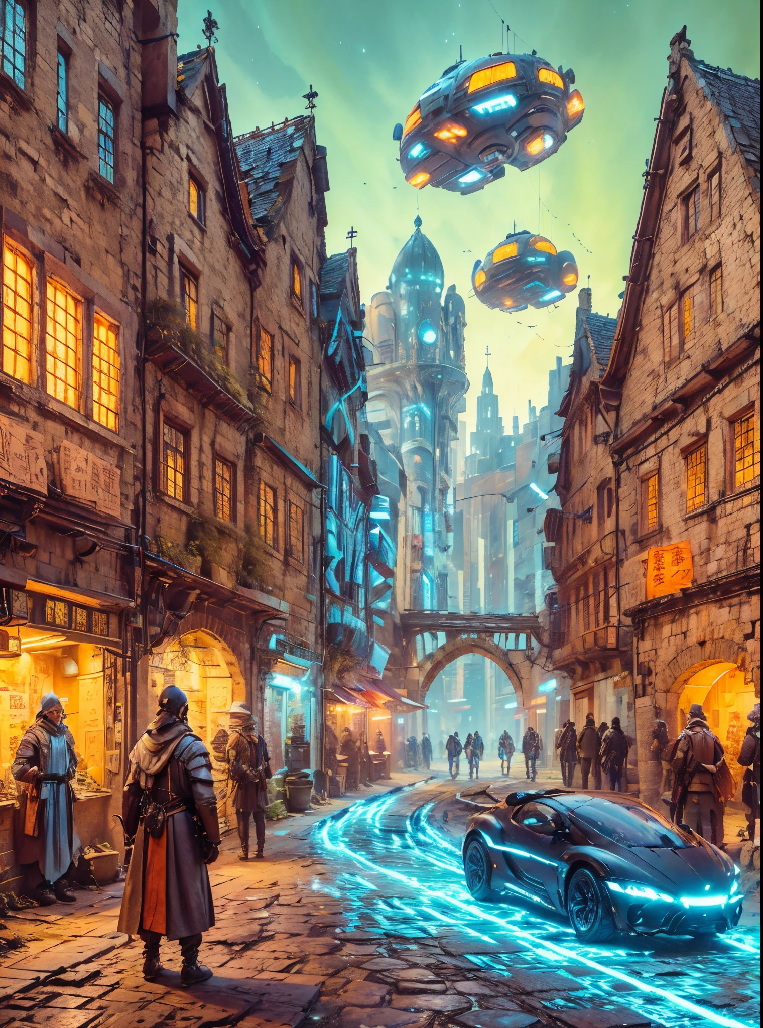 Medieval European city，There are ancient stone buildings here、Narrow streets and ancient city wallut，This city is transformed by future technology，Buildings with glowing lines and futuristically decorated cars flying through the air，High-speed trains travel through underground tunnels in the city。ao mesmo tempo，People in the city wear medieval style clothing，Equipment holding future technologies，smartwatch，virtual reality glasses。in city market，Traditional stalls and medieval wares，Handicrafts、curio，traditional food。Next to the booth, there is also a display of future technology..，Suspended 3D projection，smart bot。people wearing medieval clothes，robe、cloak and armor，But their clothes also incorporate elements of future technology.，glowing wires、Smart chips and high-tech accessories。