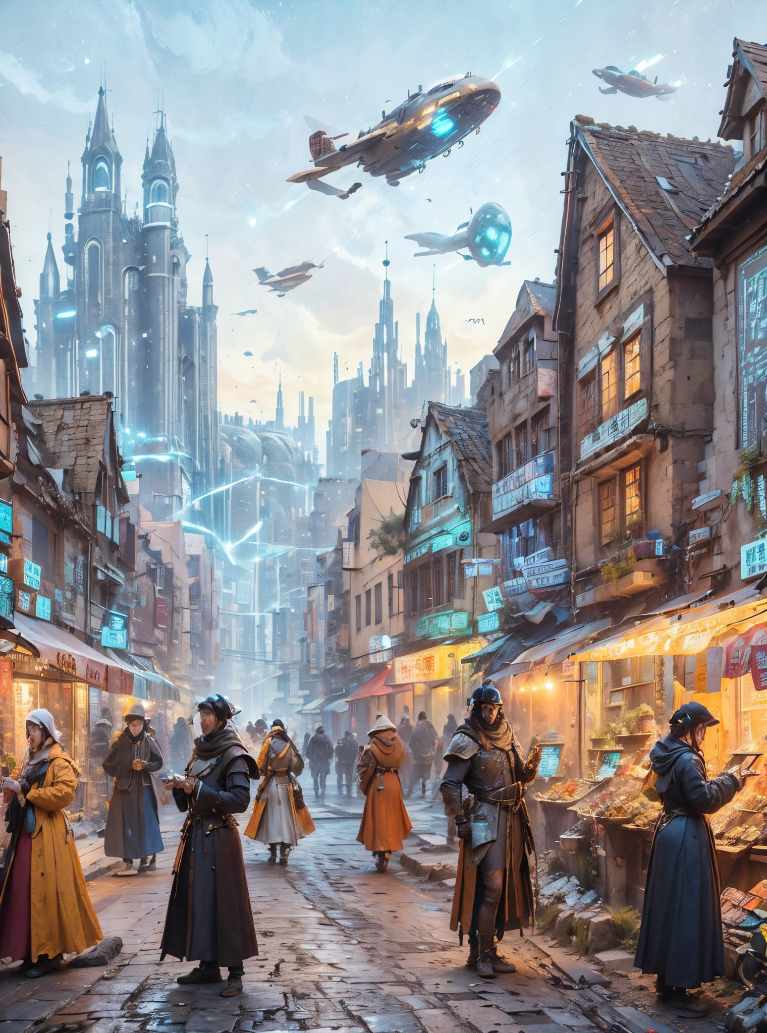 Medieval European city，There are ancient stone buildings here、Narrow streets and ancient city wallut，This city is transformed by future technology，Buildings with glowing lines and futuristically decorated cars flying through the air，High-speed trains travel through underground tunnels in the city。ao mesmo tempo，People in the city wear medieval style clothing，Equipment holding future technologies，smartwatch，virtual reality glasses。in city market，Traditional stalls and medieval wares，Handicrafts、curio，traditional food。Next to the booth, there is also a display of future technology..，Suspended 3D projection，smart bot。people wearing medieval clothes，robe、cloak and armor，But their clothes also incorporate elements of future technology.，glowing wires、Smart chips and high-tech accessories。