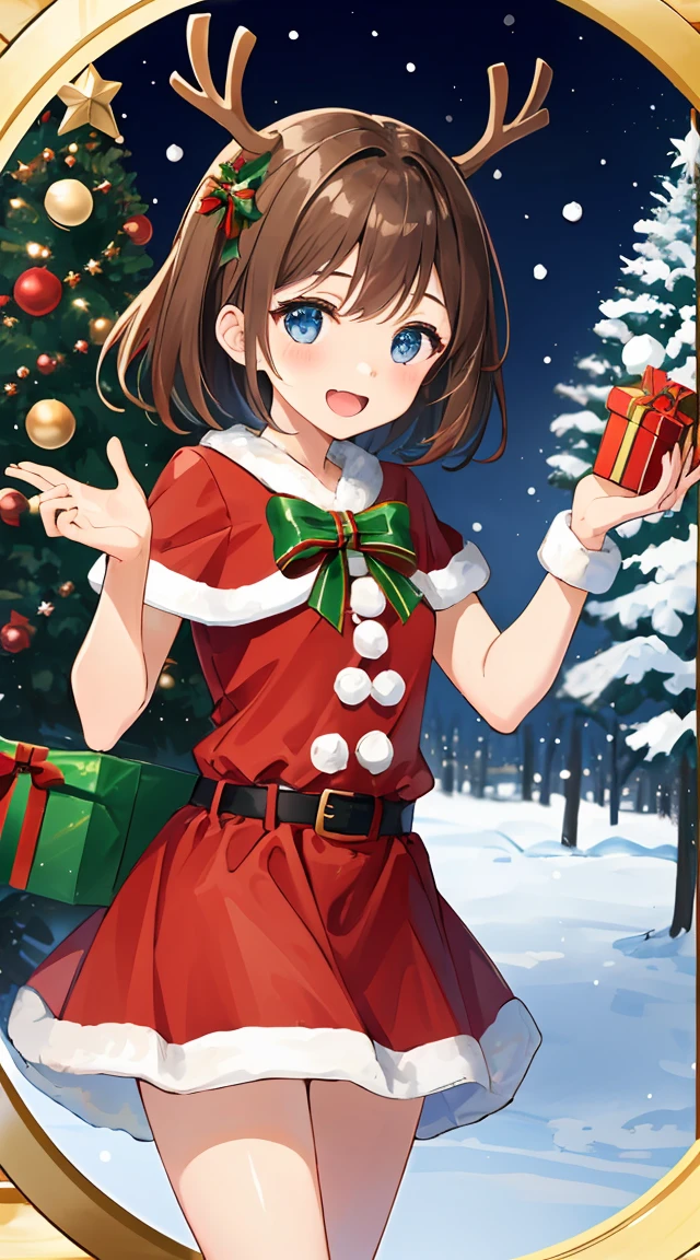 top-quality、cute little、 girl、Christmas、Christmas present、santa costume、snowscape、reindeer
