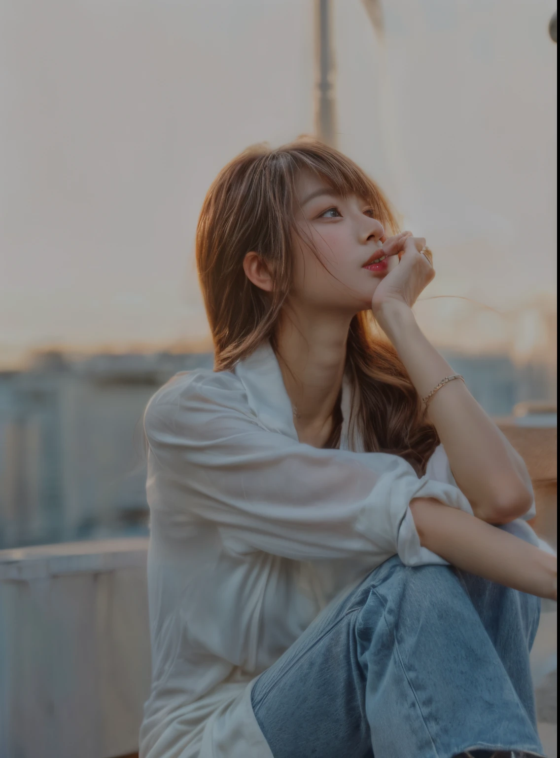 masterpiece、8K、32K、top-quality、(A detailed eye)、(A cute Japanese woman、bangss)、23years old、1 girl in、elegent、(Detailed background depiction、portlate:1.2)、(Daytime、On the rooftop:1.4)、half eyes