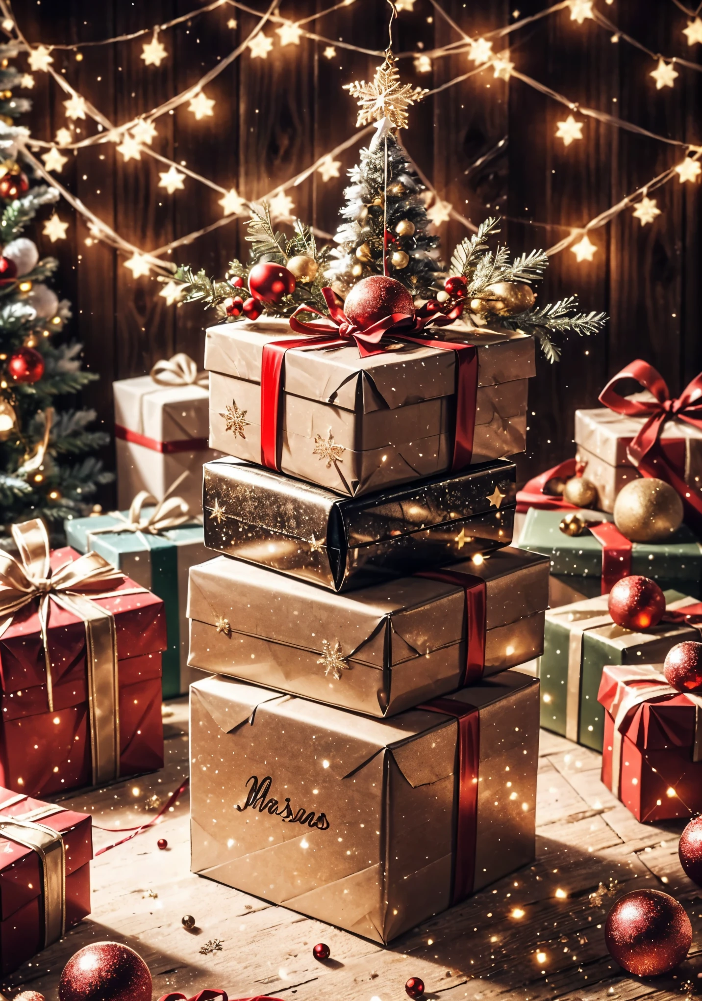 (best quality,4k,8k,highres,masterpiece:1.2),ultra-detailed,realistic,gifts,table,Christmas tree,decorations,wrapping ,bows,ribbon,presents,holiday spirit,vibrant colors,warm lighting,cozy atmosphere,toys,cards,candles,snowflakes,joyful,celebration,exquisite details,exciting surprises,shiny ornaments,sparkling tinsel,beautifully wrapped,excited children,anticipation,festive mood,magical ambiance,delightful moment,wonderful memories,family gathering,cheerful faces,Christmas magic,extravagant,abundance of presents,HDR,UHD,studio lighting,ultra-fine painting,sharp focus,physically-based rendering,professional,vivid colors,bokeh