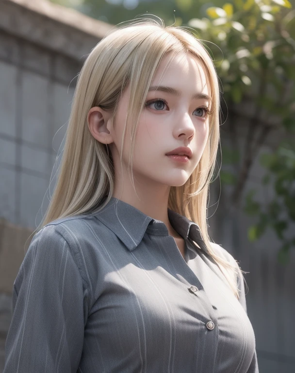 Photorealistic, masutepiece, Best Quality, Raw photo, 1girl in, Solo, Long hair, Blonde hair, Detailed face, alluring face, charcoal gray button-up shirt, medium breasts, Dynamic Pose, Looking at Viewer, From below, Detailed background, fine detailed, intricate detailes, Ray tracing, depth of fields, lowkey, nffsw