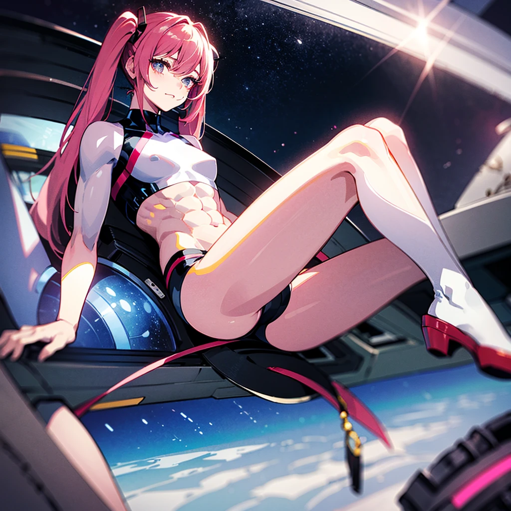 (((masterpiece)))、(((Top image quality)))、(((top-quality)))、((Illustration of one adult))、full bodyesbian、((25-years old))、((25-years old))、(((The face is a woman、The body is a man)))、(((Twintails with pink hair)))、Light gray eyes、((Tall))、((Flat))、((Muscular strong man's body))、((Muscular strong man's body))、(((solid chest)))、((muscular chest plate))、abdominals、((muscular and thick arms))、((muscular and thick legs))、((manspreading))、(((White pilot suit)))、((Sitting in the cockpit))、(The Universe on the Monitor、Earth seen from space、Spaceport)