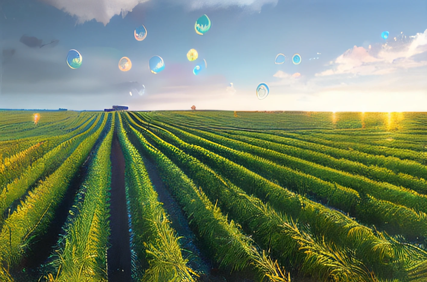 Drunk style，Neat、lush farmland，(Colored soap bubbles that create hallucinations), Provided by Jeremy Mann, Punk rock, high detal, 4K, real time transmission