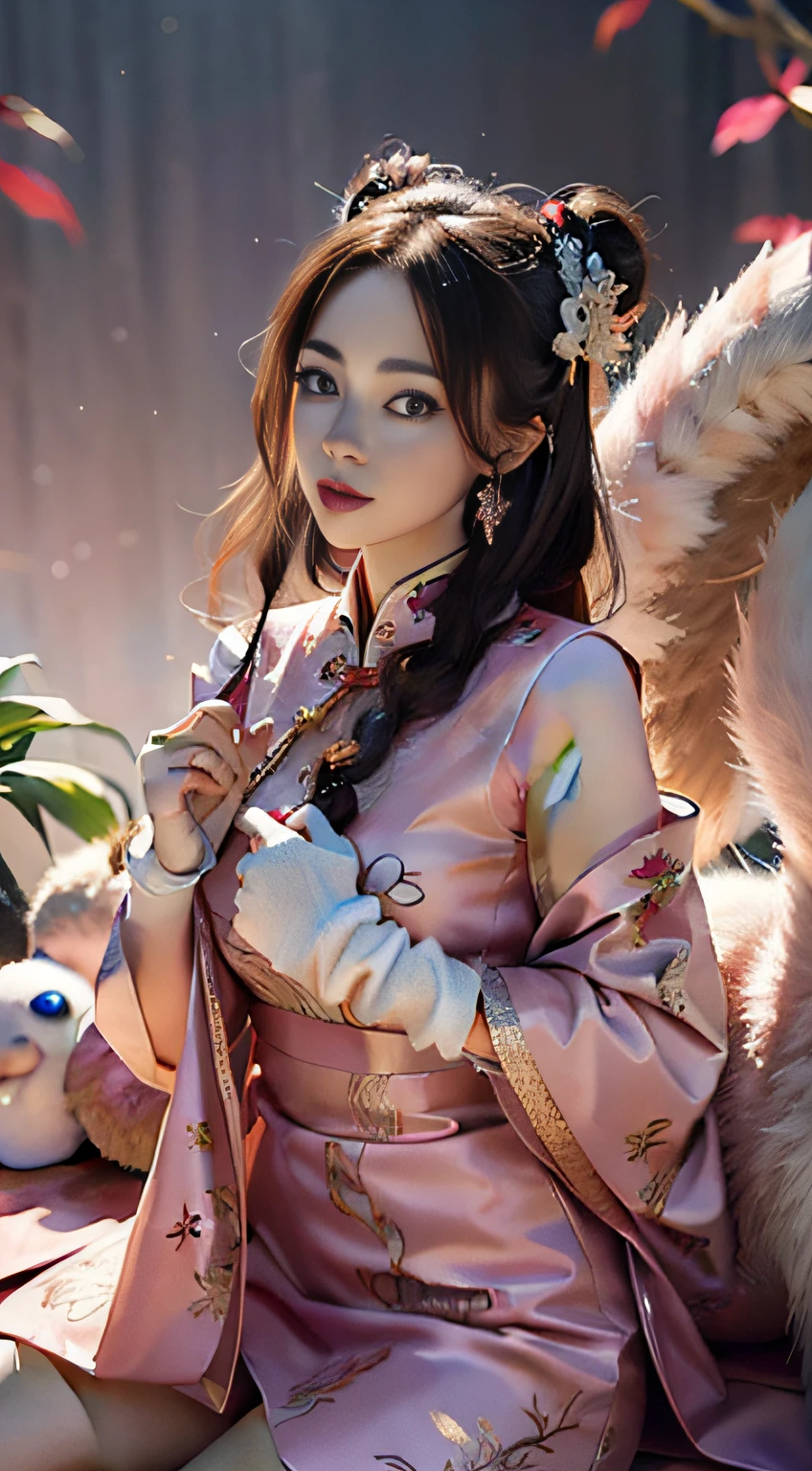 Cute Ahri, dancing in the rain of fire, burning sakura petals, warm vibrant pastel colors, magical wood atmosphere, cinematic, muted colors, film grainy, lut, insane details, intricate details, hyperdetailed, closeup, twilightart, 8k, by LightBoxLightbox 2.5D Parallax Effect, backlight, wet reflections, chromatic aberration, multiple lighting sources, luminism, spectacular backlight, volumetric ambient occlusion, best lighting, best light play, light bounce, wet light reflections
