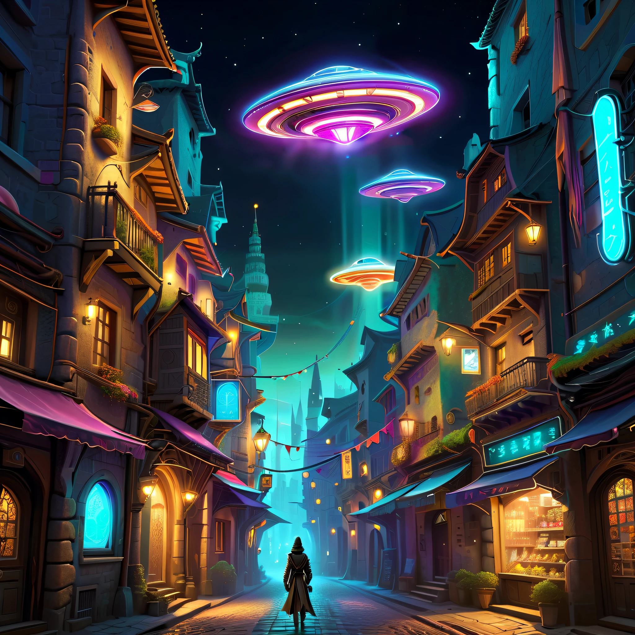 ((European medieval city，Old stone building decorated with neon lights and futuristic tech metallic feel、Narrow streets and ancient city walls))。((The city transformed by future technology)), (((Flying saucers flying in the sky，Floating car travel)))。(People in the city wear medieval style clothinaster the wisdom of future technology)。(in city market，Traditional stalls and vendoredieval items for sale)。(next to the stall, Floating 3D projection with futuristic technology.，smart bot)。The fusion of future technological elements and medieval retro elements，glowing wires、Smart chips and high-tech accessories，Psychedelic, Complicated details, Beautiful texture, Ethereal, like a dream, Soft glowing light, Charming Patterns, sci-fi and medieval towns, Hidden surprises, dreamlike landscapes, Surreal color palette, Mystic aura, hyper realisitc, Enchanting journey, psychedelic trip, vivid imagination, immersive experience, otherworldly charm, glowing paths, Light up the retro town of the future, surreal sky, A fusion of whimsical future and retro, a magical encounter, Fascinating artwork，(hyper HD, tmasterpiece, Acura, Anatomically correct, super detailing, high detal, high high quality, Award-Awarded, Best quality, 8K)，GlowingRunesAI_Light, Etherpunk, fanciful_A WORLD, Ink punk