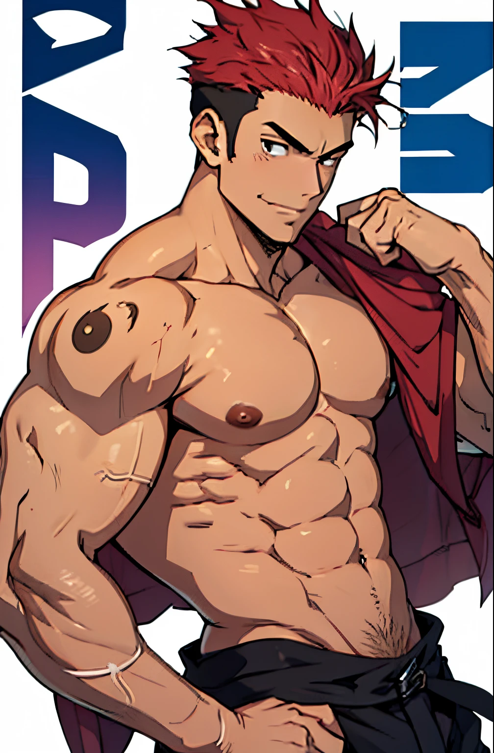 A mais alta qualidade de imagem，Pessoas do sexo masculino，1 menino，jovem e bonito，Red Hair ，Cabelo liso curto，Pele escura，Anime peito grande，anime wallpaper，sozinho，Foco Masculino，cuecas，Dilation of the pectoral muscles，Virilha saliente，Fundo Urbano，Espalhe as pernas，sexy, (master part, best quality) ,meias brancas longaotas Red Martin，without the shirt, flexing your muscles, Mostrando os musculos