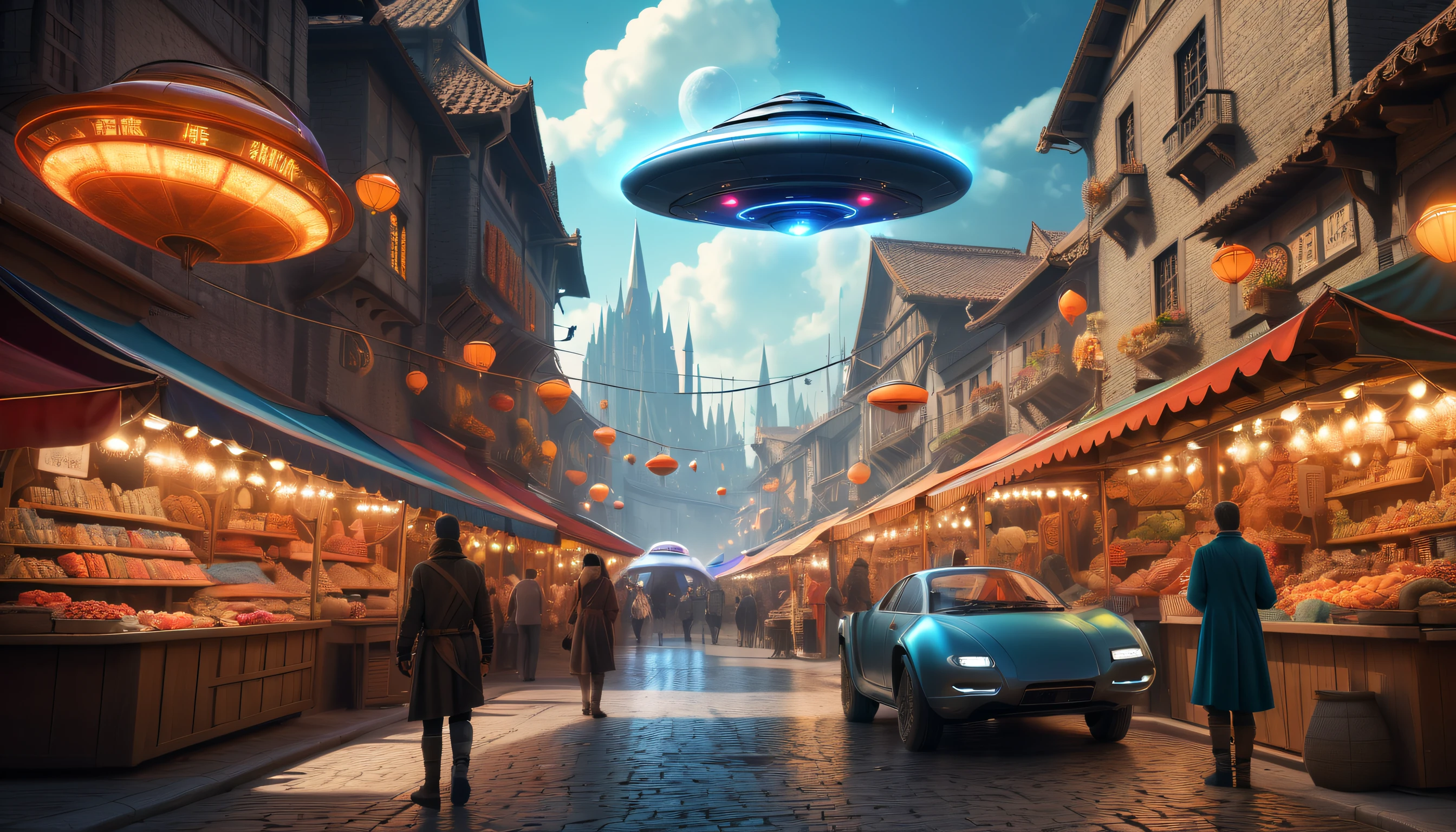 ((European medieval city，Old stone building decorated with neon lights and futuristic tech metallic feel、Narrow streets and ancient city walls))。((The city transformed by future technology)), (((Flying saucers flying in the sky)))，(((Futuristic sci-fi car driving on the street)))。(((People in the city wear medieval style clothinaster the wisdom of future technology)))。(((in city market，Traditional stalls and vendoredieval items for sale)))。(((next to the stall, Floating 3D projection with futuristic technology.，smart bot)))。The fusion of future technological elements and medieval retro elements，glowing wires、Smart chips and high-tech accessories，Psychedelic, Complicated details, Beautiful texture, Ethereal, like a dream, Soft glowing light, Charming Patterns, sci-fi and medieval towns, Hidden surprises, dreamlike landscapes, Surreal color palette, Mystic aura, hyper realisitc, Enchanting journey, psychedelic trip, vivid imagination, immersive experience, otherworldly charm, glowing paths, Light up the retro town of the future, surreal sky, A fusion of whimsical future and retro, a magical encounter, Fascinating artwork，(hyper HD, tmasterpiece, Acura, Anatomically correct, super detailing, high detal, high high quality, Award-Awarded, Best quality, 8K)
