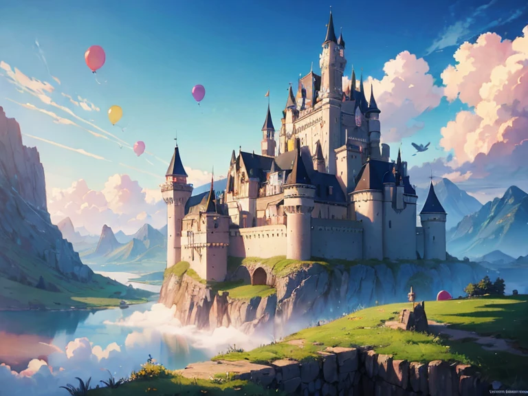 Many balloons are flying over the mountain where the castle is located, fantasy matte painting,Cute, fantasy landscape painting, colorful anime movie background, fantasy art landscape, Floating area in the clouds, colorfull digital fantasy art, colorful concept art, detailed fantasy digital art, a beautiful artwork illustration, Dreamy Matte Painting, matte painting in fantasy style, 4K highly detailed digital art、luxury medieval castle