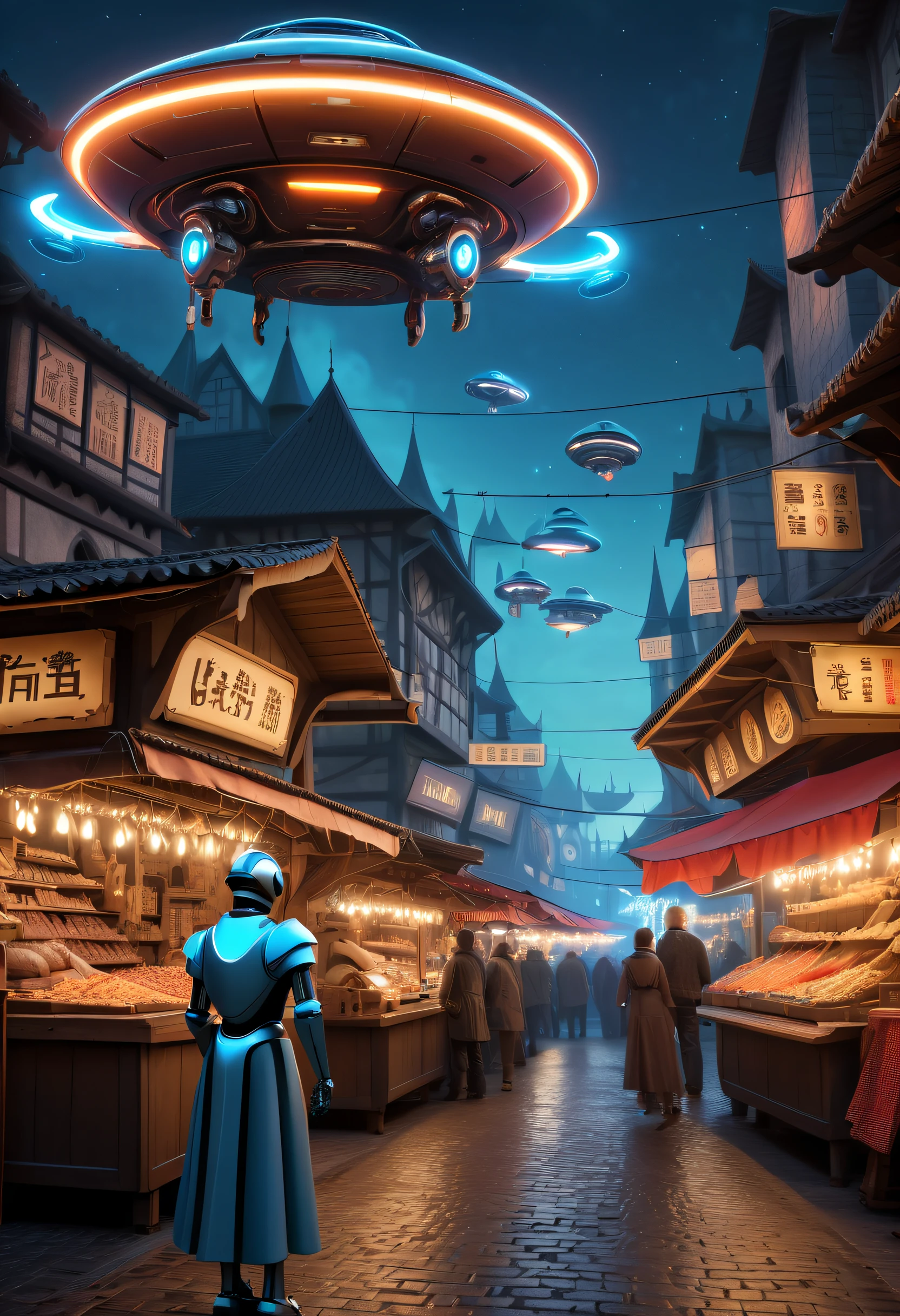 ((European medieval city and street neon lights and futuristic tech metal))。(((In the market of future technological changes，Smart robot sells medieval wares at traditional stall，next to the stall, Floating 3D projection with futuristic technology.))), (((Flying saucers flying in the sky)))，(((Futuristic sci-fi car driving on the street)))。(((People in the city wear medieval style clothinaster the wisdom of future technology))), The fusion of future technological elements and medieval retro elements，glowing wires、Smart chips and high-tech accessories，A fusion of whimsical future and retro, a magical encounter, Fascinating artwork，(hyper HD, tmasterpiece, Acura, Anatomically correct, super detailing, high detal, high high quality, Award-Awarded, Best quality, 8K)