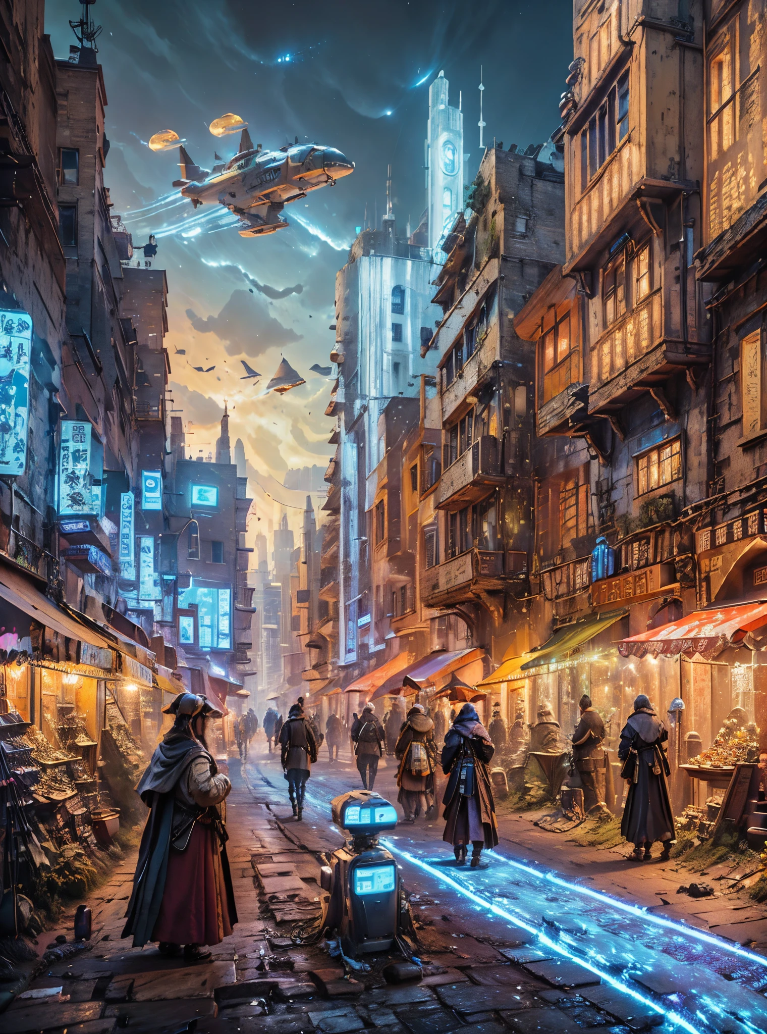 Medieval European city，There are ancient stone buildings here、Narrow streets and ancient city wallut，This city is transformed by future technology，Buildings with glowing lines and futuristically decorated cars flying through the air，High-speed trains travel through underground tunnels in the city。ao mesmo tempo，People in the city wear medieval style clothing，Equipment holding future technologies，smartwatch，virtual reality glasses。in city market，Traditional stalls and medieval wares，Handicrafts、curio，traditional food。Next to the booth, there is also a display of future technology..，Suspended 3D projection，smart bot。people wearing medieval clothes，robe、cloak and armor，But their clothes also incorporate elements of future technology.，glowing wires、Smart chips and high-tech accessories。