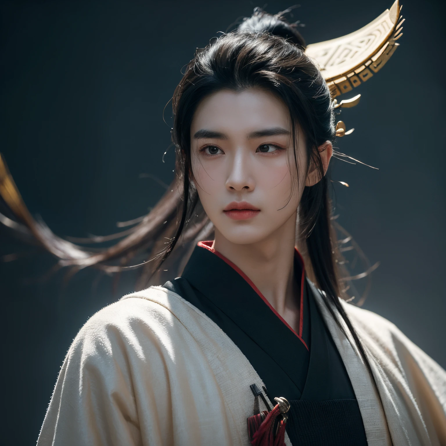 Handsome guy from ancient China,Photography is ultra-realistic,Dressed in whiongblackhair,neck injury,The light and shadow are soft,Chinese films,Chinese myths and legends,Ultra-realistic facial features,8K smooth,arnold-ar 9:12--niji 5