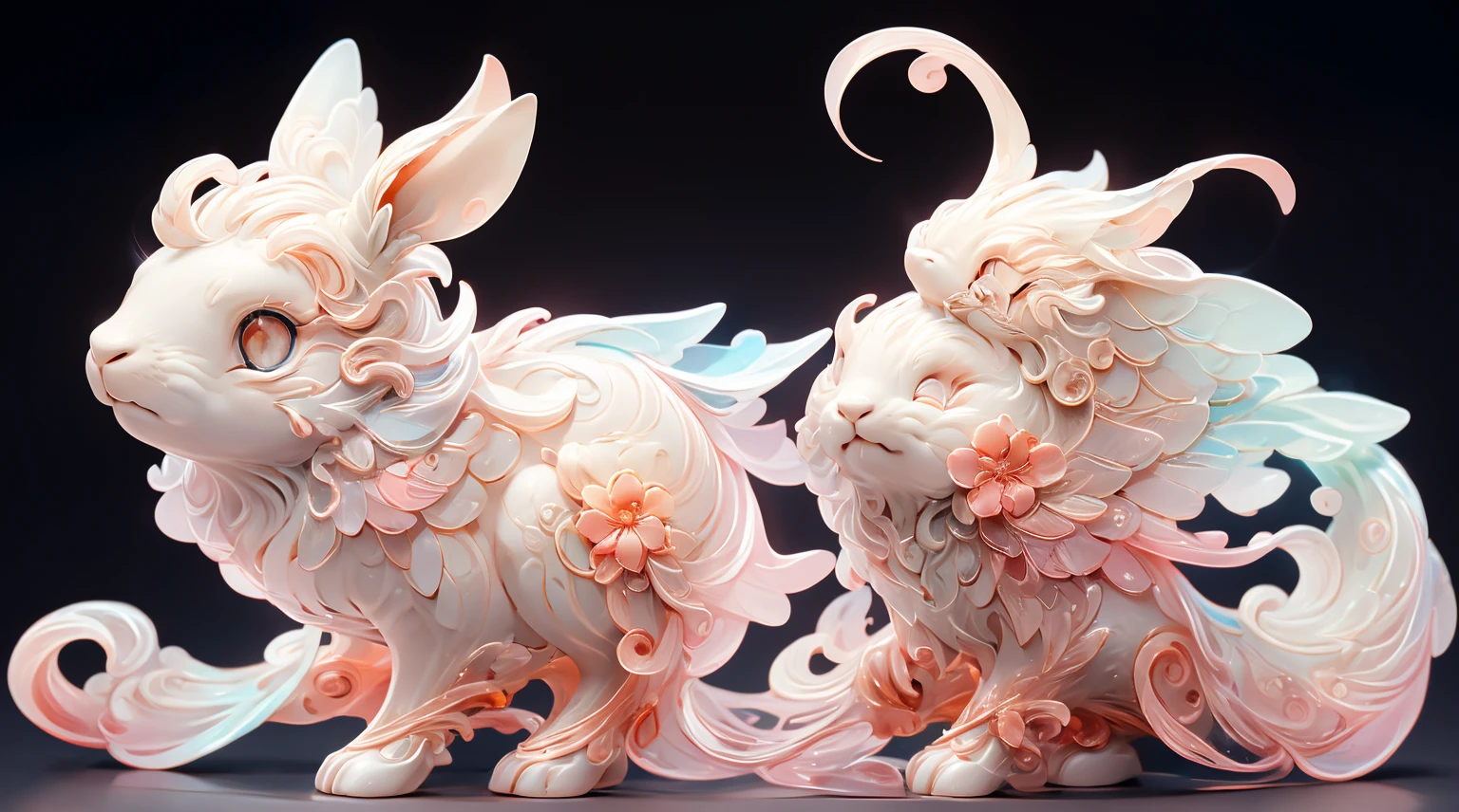The shape of a rabbit,The background was clean,dream color,Transparent statue,flower eyes,The white,red eyes,The eyes are clear,tmasterpiece,(Best quality at best:1.3),A rabbit,Full body lesbian