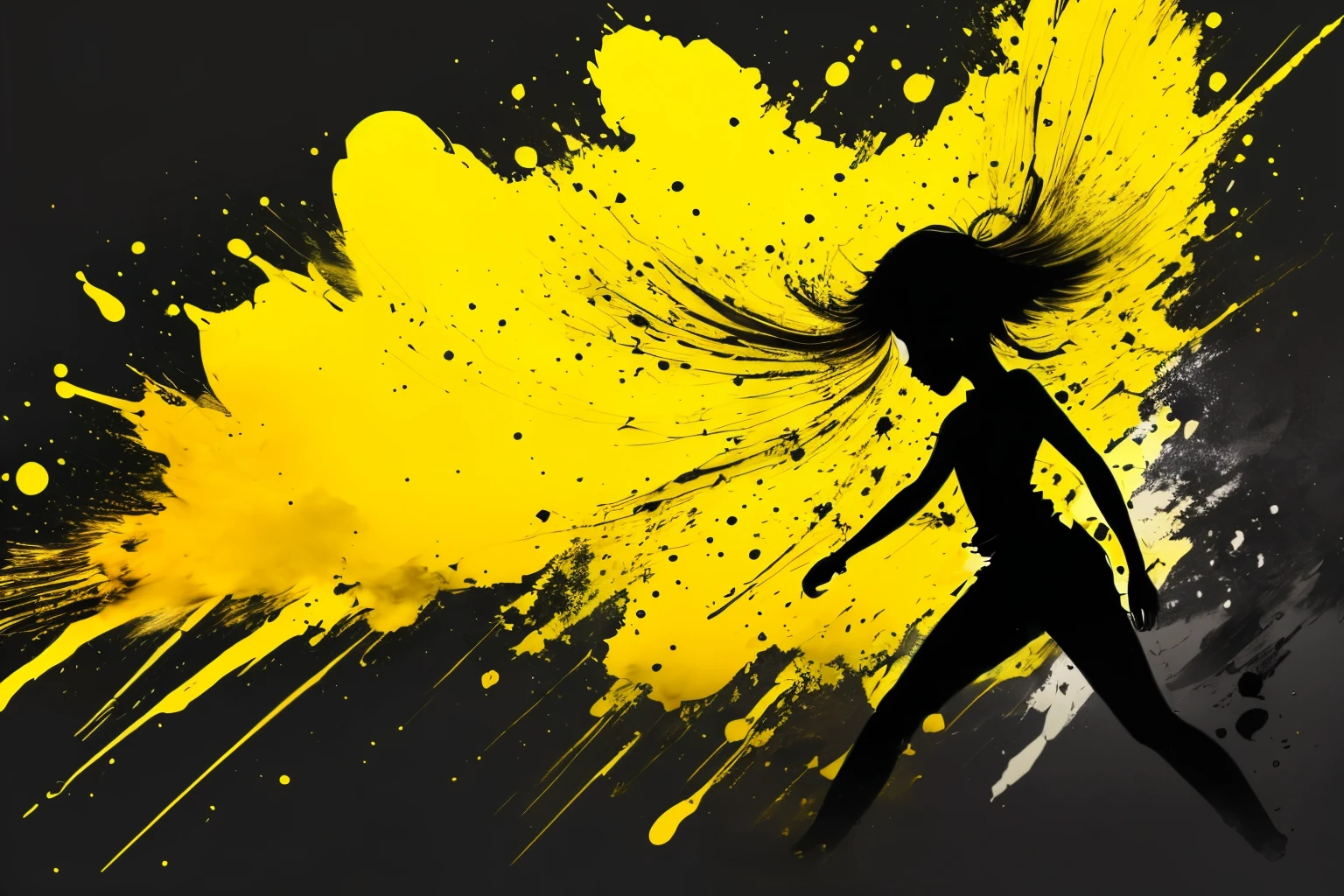 water paint art, ink drop, many color ink drop, yellow ink drop, black ink drop, high detailed line art, dancing, girl, super deformed, black t shirt, plain t shirt, high detailed body, amazingly fine detail, highest quality, high detailed finger, big file size, high detailed, masterpiece,