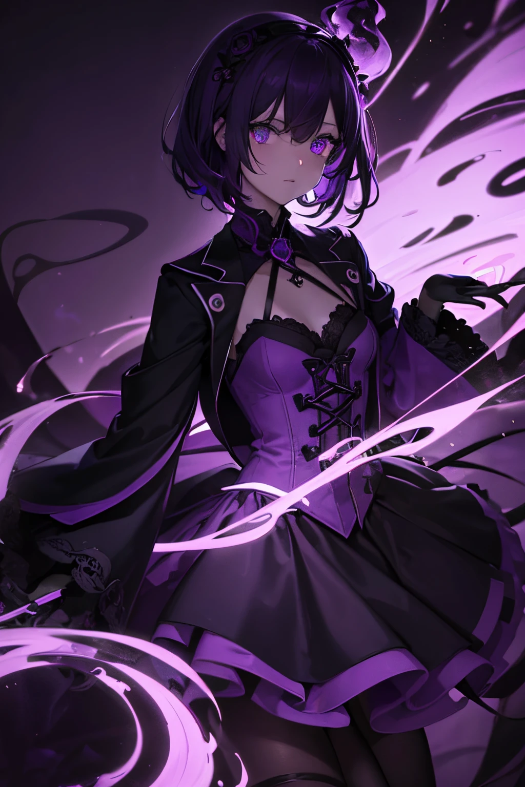 a creepy looking ((silhuette)) with ((purple gas flowing)) from their glowing heterochromia eyes, with a dark background and a purple background, Ay-O, purple, a character portrait, vanitas, (crazy), small breasts,