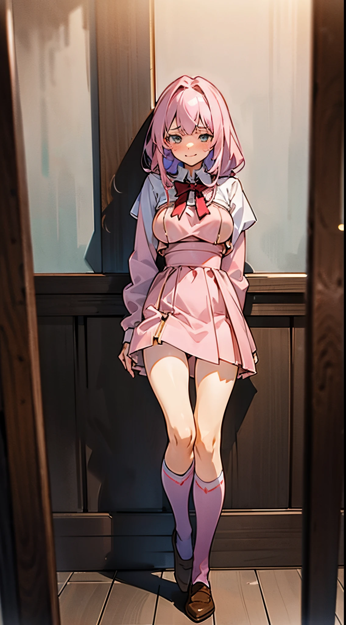 Anna Millers style rose pink uniform, cute girl clerk, A slightly embarrassed smile for customer service, leaning down, Bustier style rose pink dress that does not hide the breasts, Soft breasts around C cup, Rose pink fluttering mini skirt, White knee-high socks, and draw the full body, unwear, Taking off clothes, She stands on one leg and takes off her panties down to her thighs., Interior of a large Western-style coffee shop, Her uniform is a little disheveled and her breasts are exposed., Draw nipples,Her skirt is a little disarray and her crotch is visible.,draw the crevice between the legs, Drops are dripping from my crotch, slightly dampening my thighs.