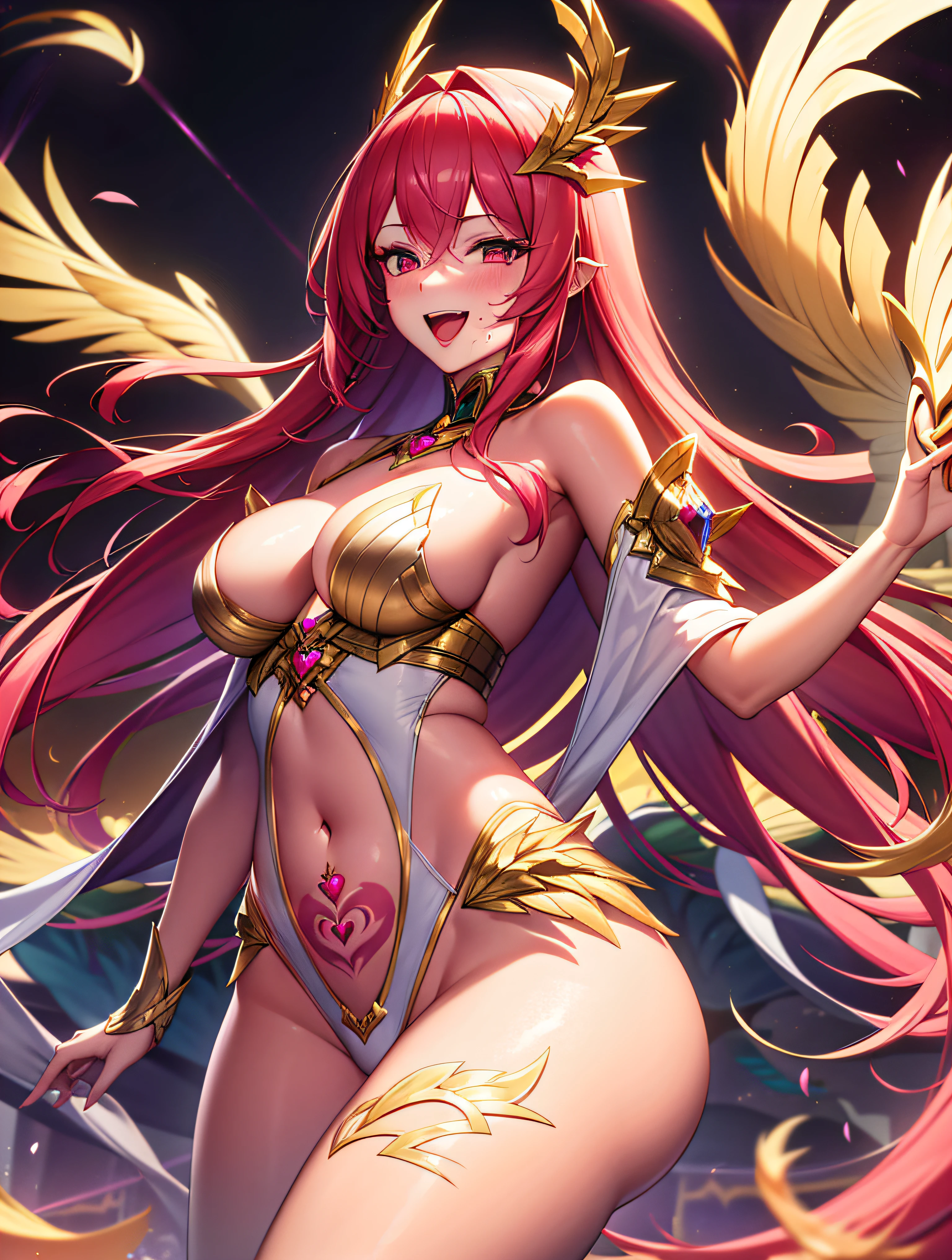 one girls，（（There&#39;There&#39;there&#39;s a heart in my eyes））long pink gorgeous hair，Smile，Open mouth ，looking at viewert，Blood ,Pink hair,Medium chest, 1 Demon Dragon Goddess,golden dragon wings,gold dragon tail,tattoo on crotch,pubic tattoo