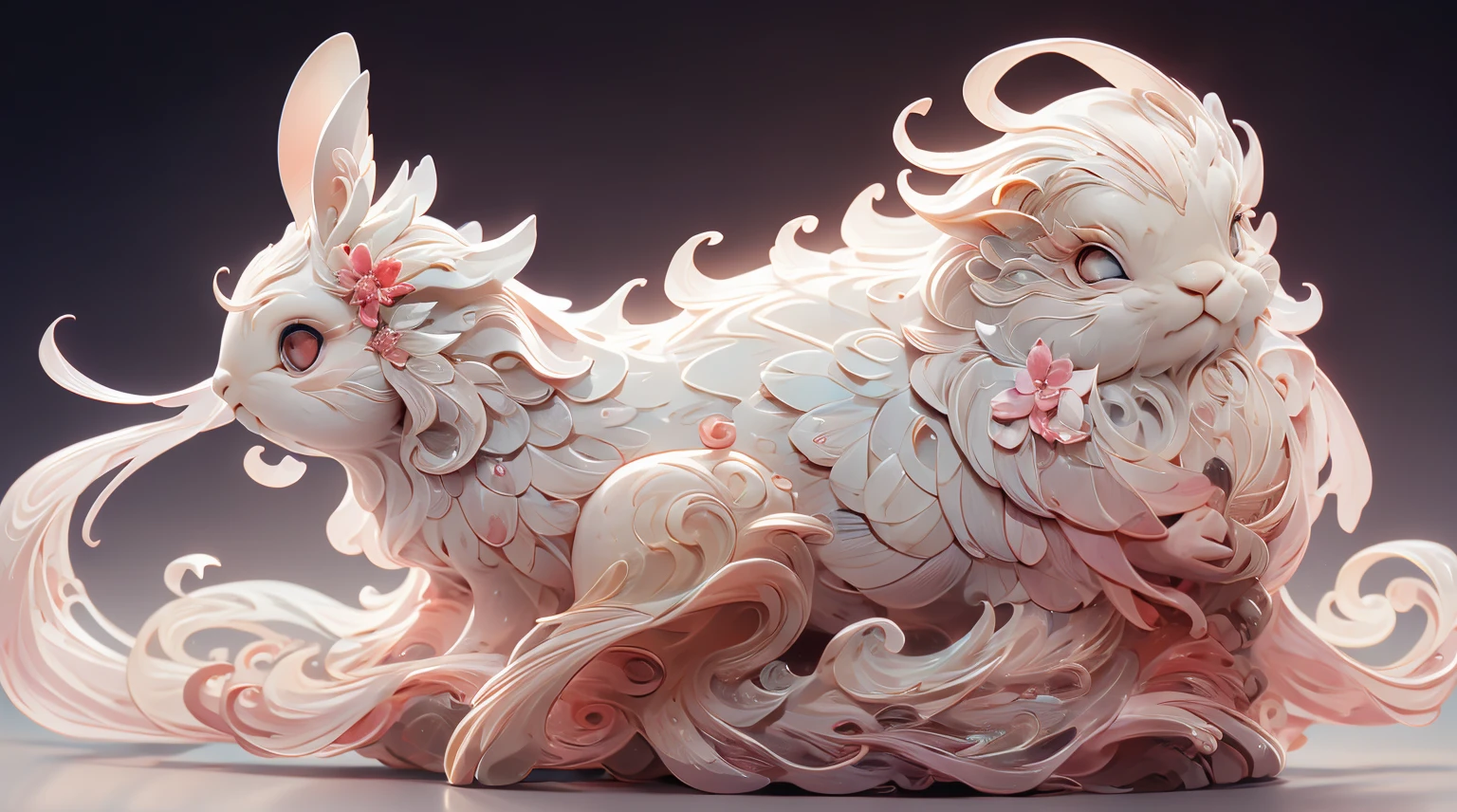 The shape of a rabbit,The background was clean,dream color,Transparent statue,flower eyes,The white,red eyes,The eyes are clear,tmasterpiece,(Best quality:1.3),A rabbit,Full body lesbian,8K Ultra Clear