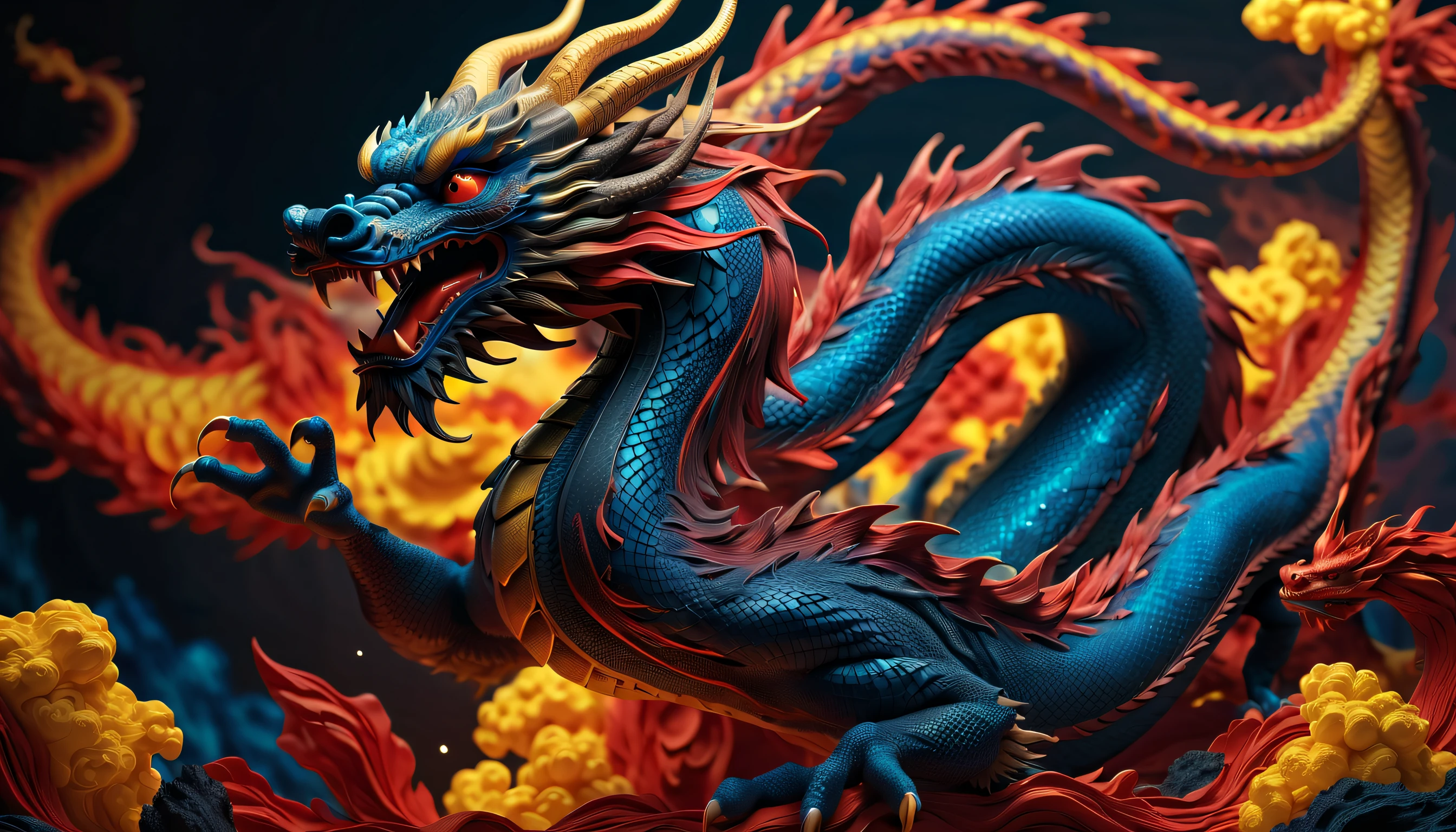 Druged 3d chinese dragon, Flying, huge, capsuled dragon 3 d art, stunning artwork, extremely high quality artwork, beautiful artwork, colorful hyperrealism, beeple colors, red, blue, yellow tones, lava red, black, wide shot, (best quality,4k,8k,highres,masterpiece:1.2),ultra-detailed,(realistic,photorealistic,photo-realistic:1.37),HDR,UHD,studio lighting,ultra-fine painting,sharp focus,physically-based rendering,extreme detail description,professional,vivid colors,bokeh. Attention:Original art by Tupu.
